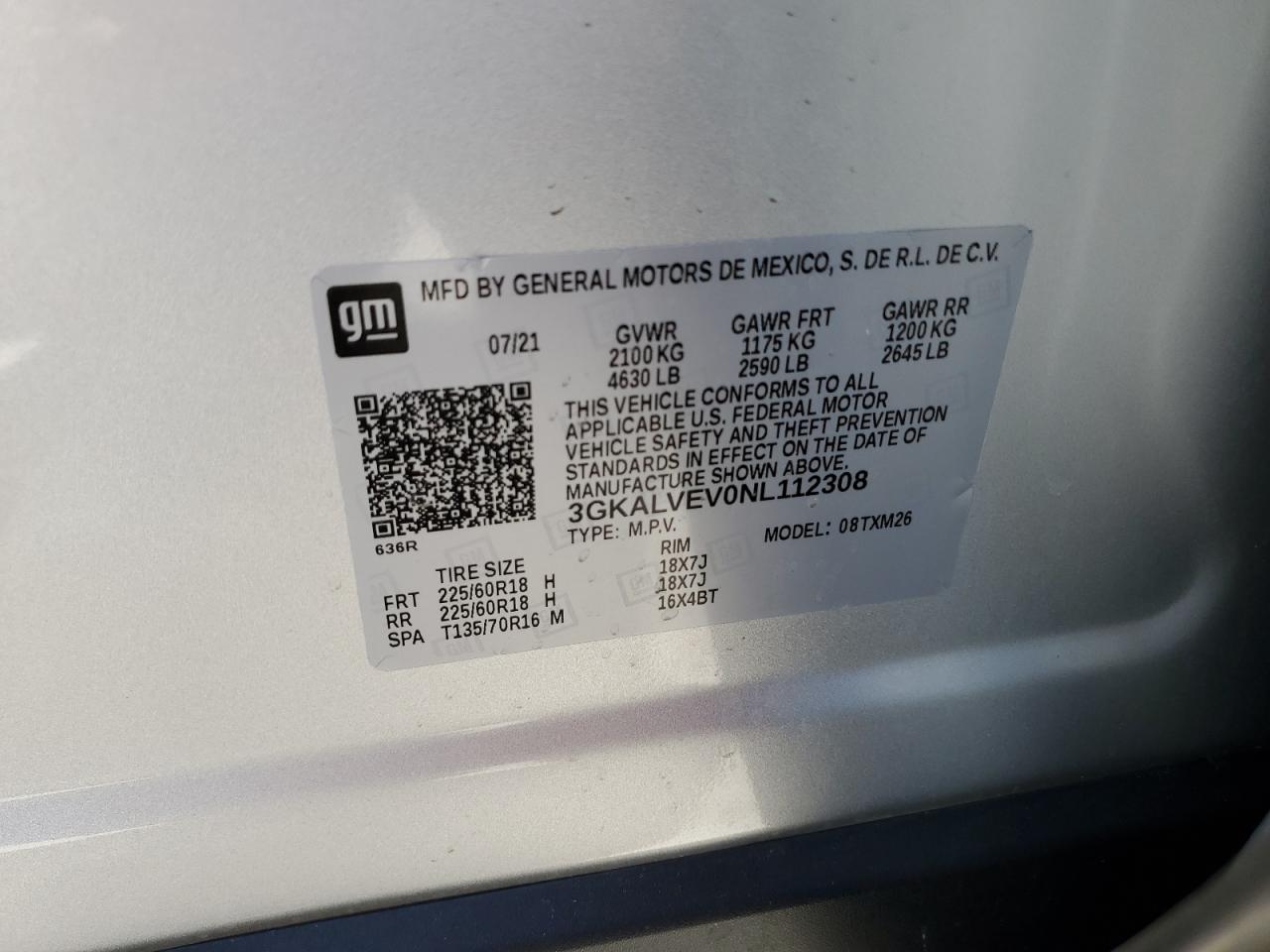 2022 GMC TERRAIN SLT VIN:3GKALVEV0NL112308
