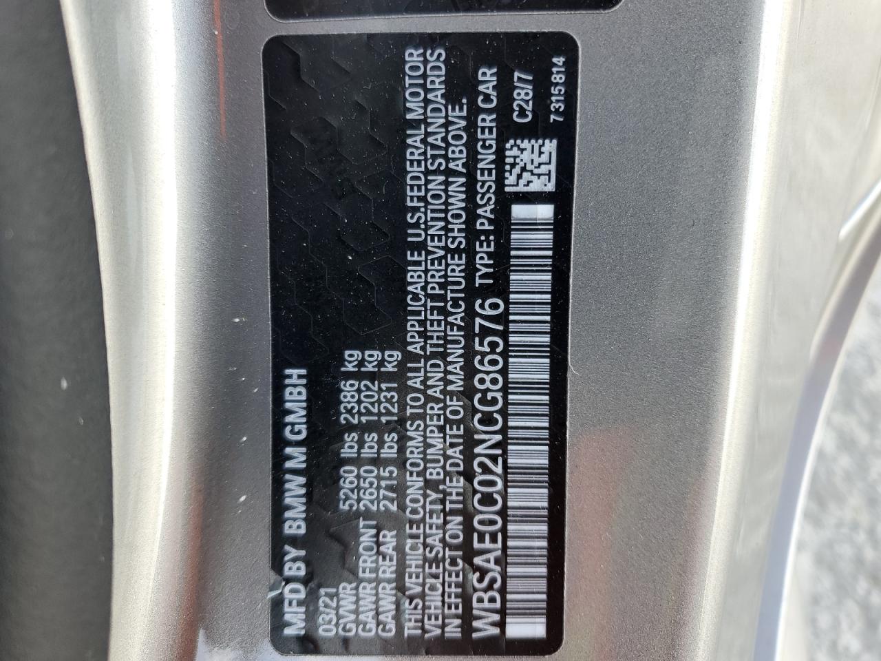 2022 BMW M8 VIN:WBSAE0C02NCG86576