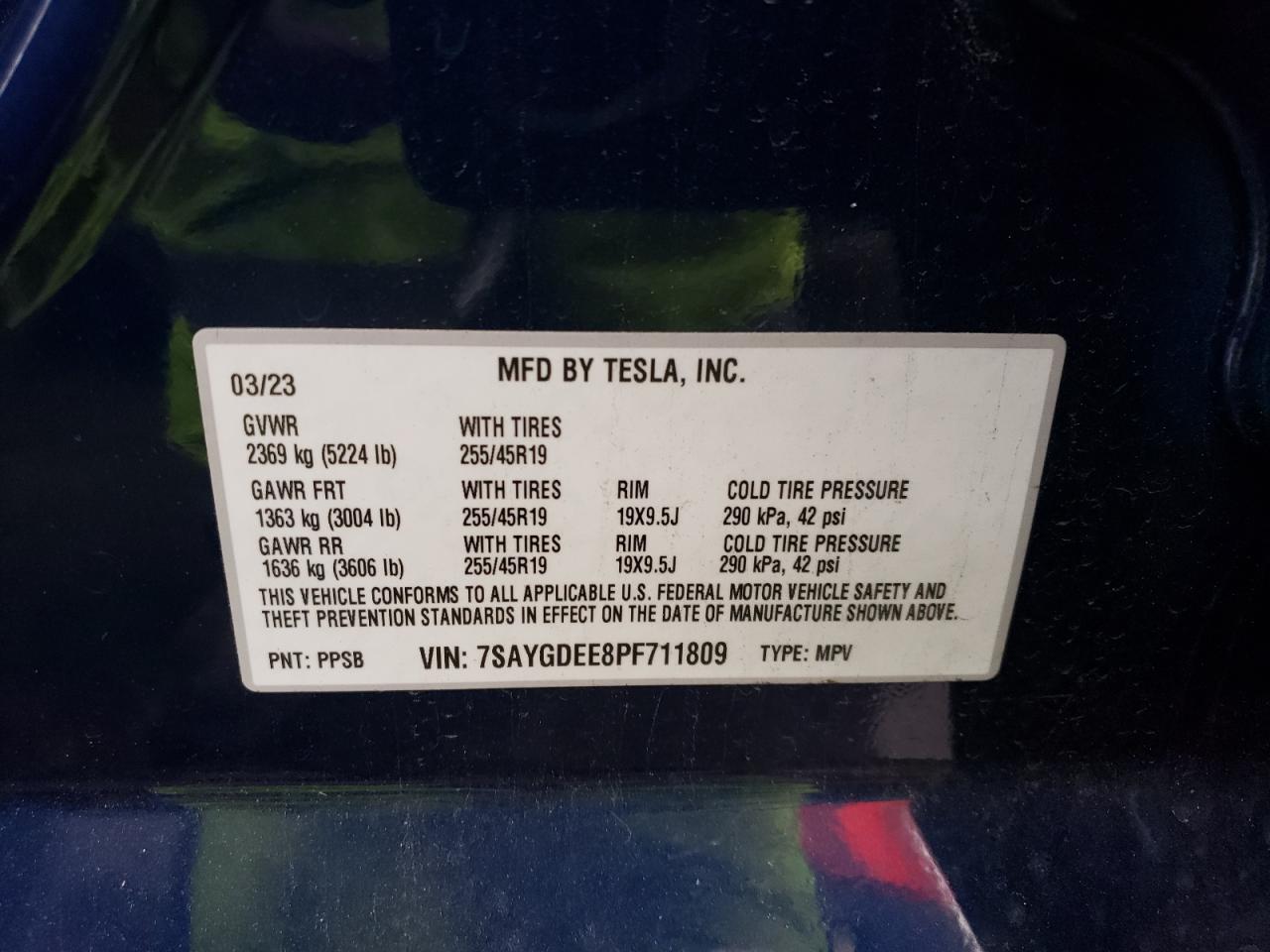 2023 TESLA MODEL Y VIN:7SAYGDEE8PF711809