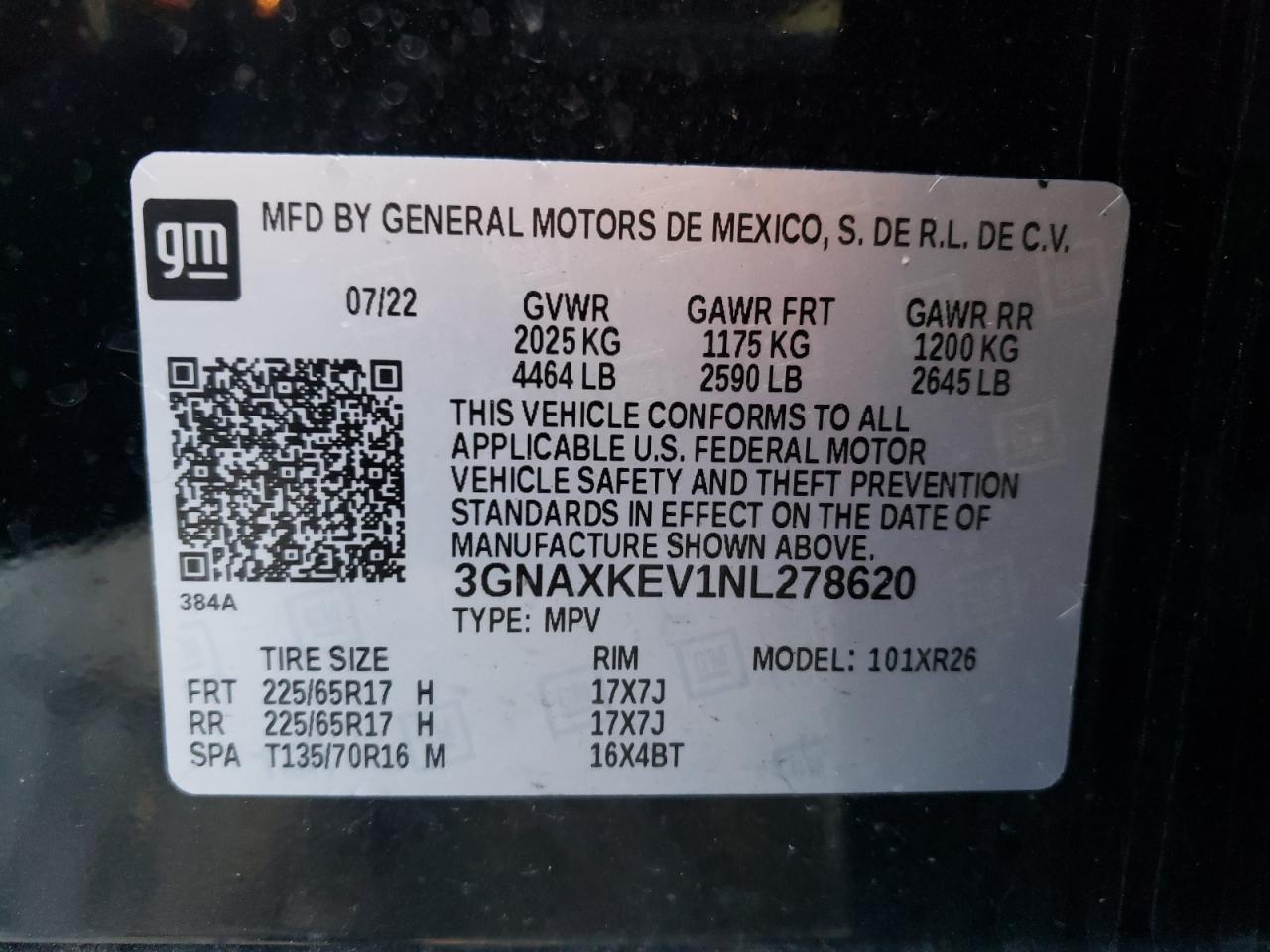 2022 CHEVROLET EQUINOX LT VIN:3GNAXKEV1NL278620