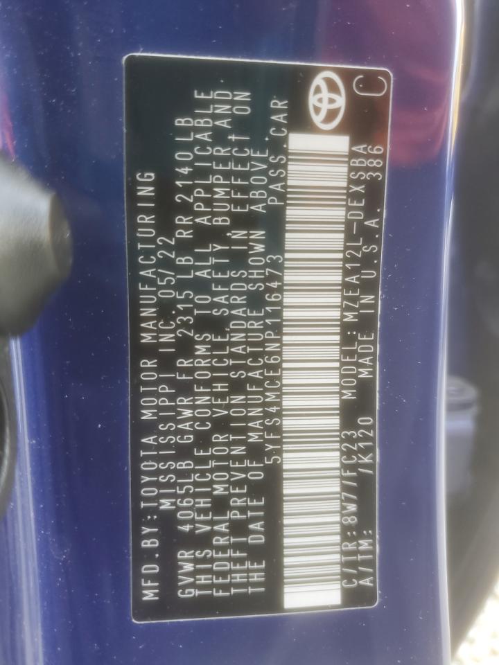 2022 TOYOTA COROLLA SE VIN:5YFS4MCE6NP116473