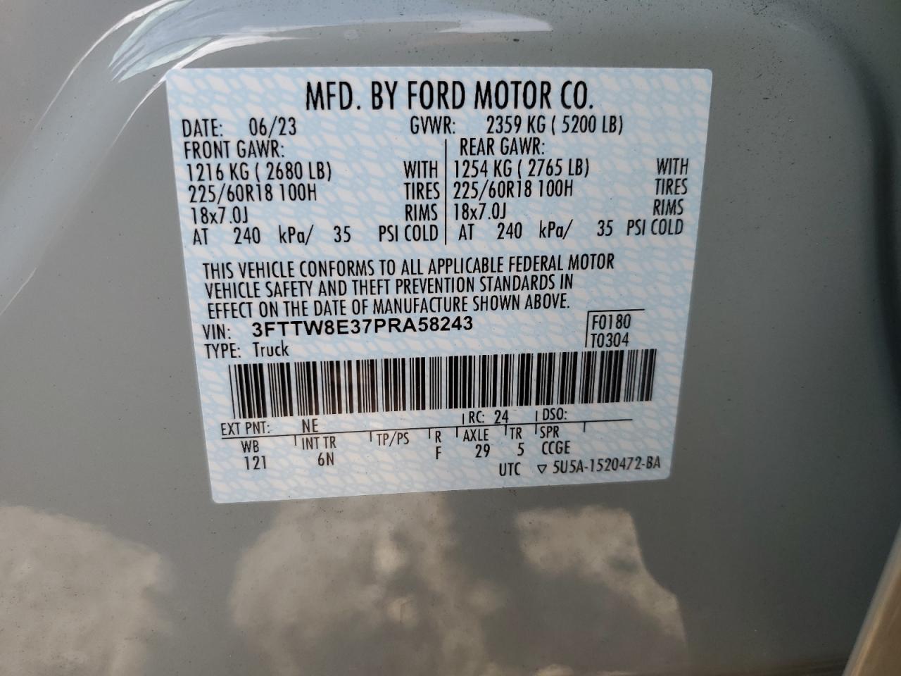 2023 FORD MAVERICK XL VIN:3FTTW8E37PRA58243