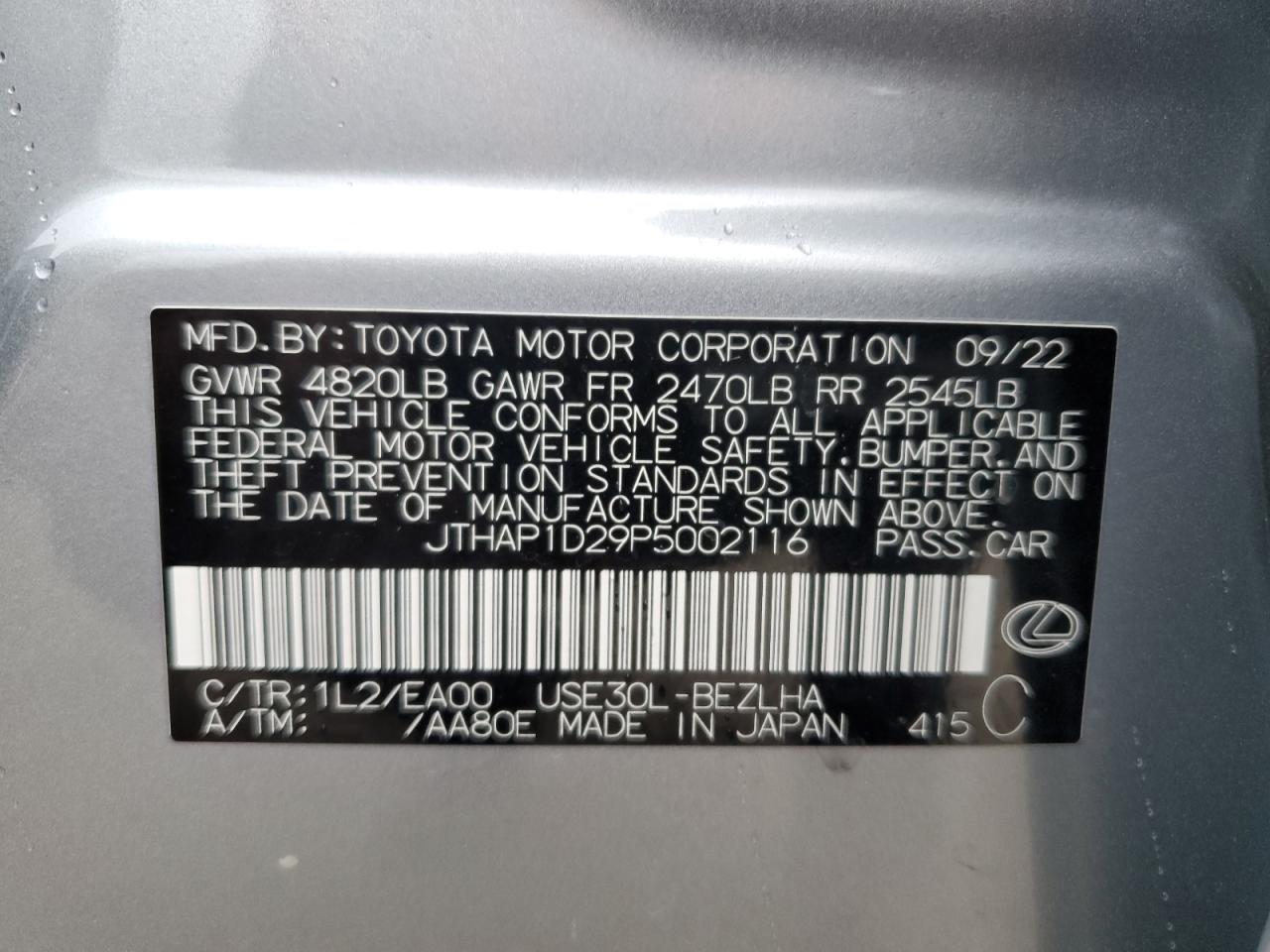 2023 LEXUS IS 500 F SPORT VIN:JTHAP1D29P5002116