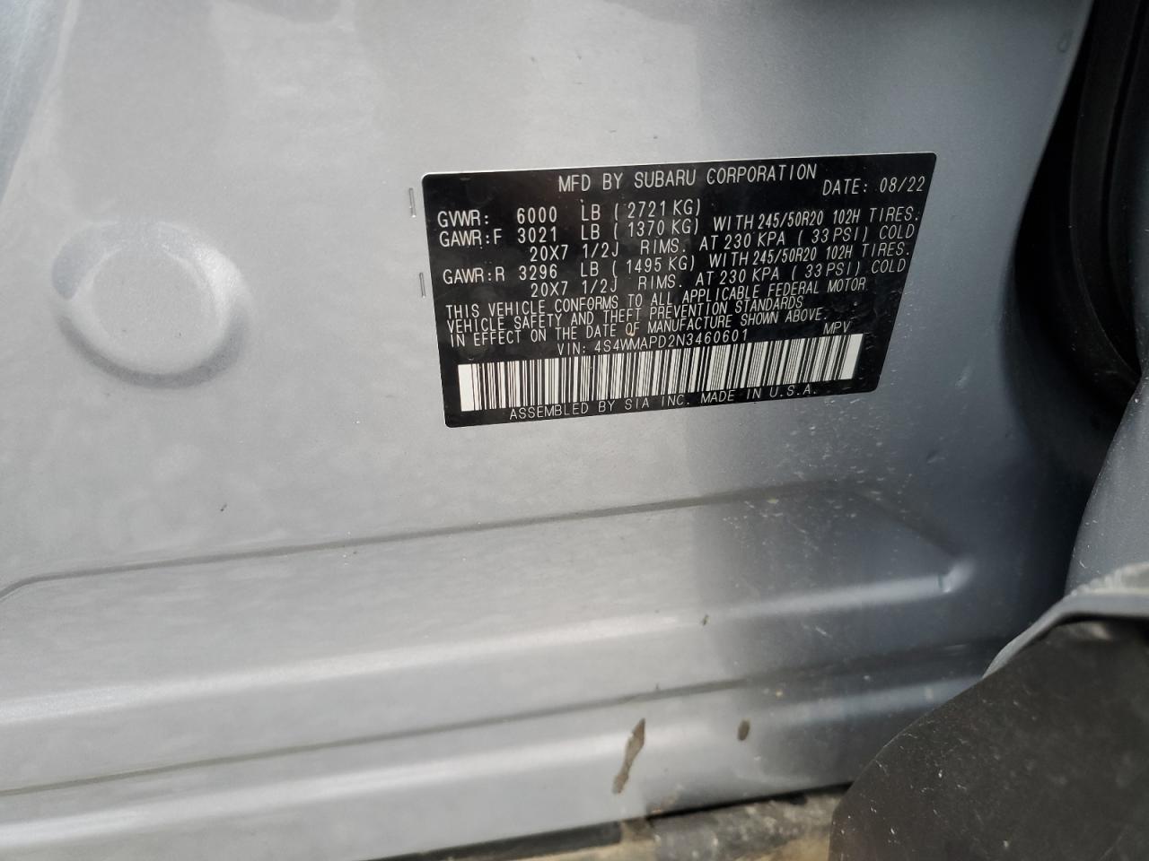 2022 SUBARU ASCENT LIMITED VIN:4S4WMAPD2N3460601