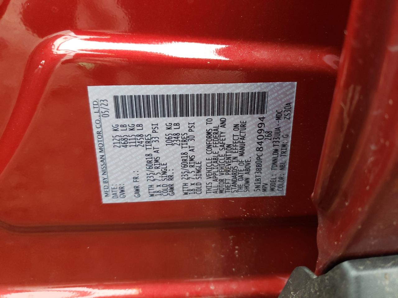 2023 NISSAN ROGUE SV VIN:5N1BT3BB0PC840994