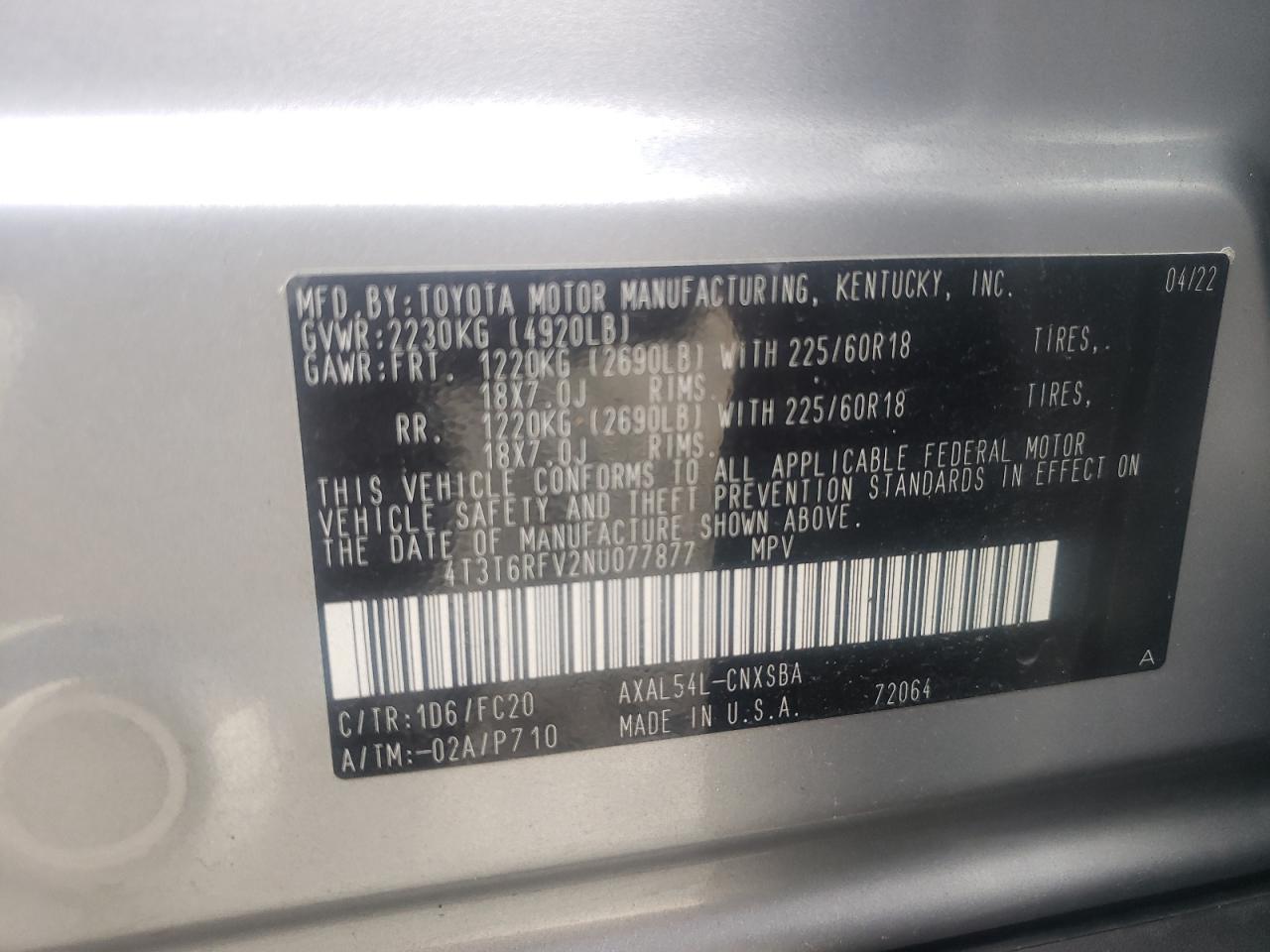 2022 TOYOTA RAV4 SE VIN:4T3T6RFV2NU077877