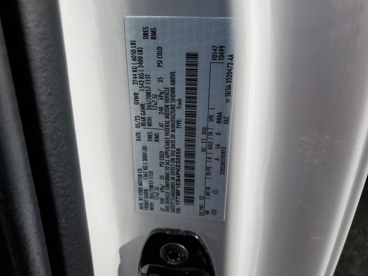 2023 FORD F150 VIN:1FTMF1EB4PKE55559