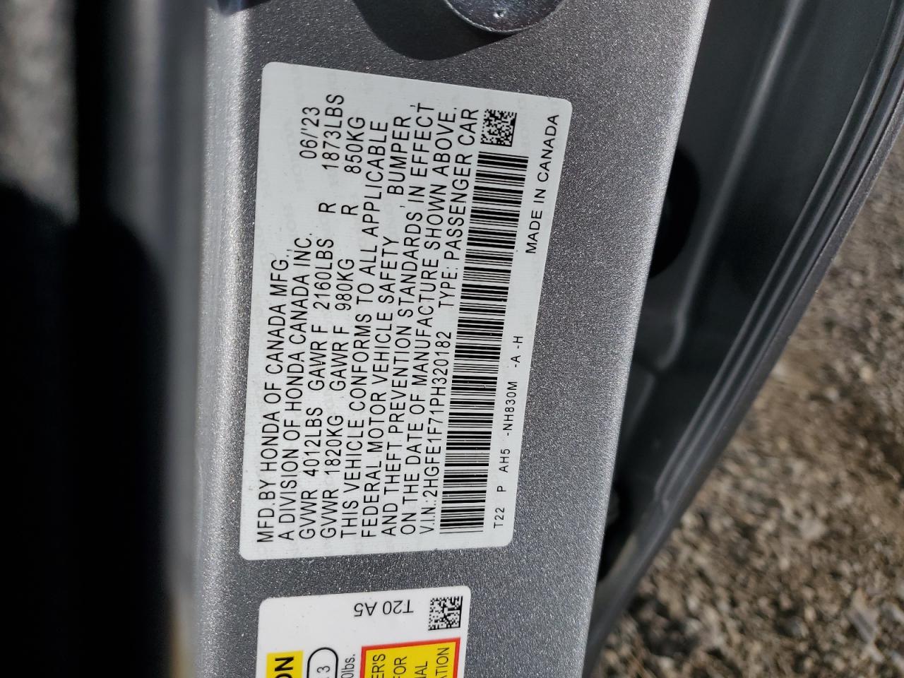 2023 HONDA CIVIC EX VIN:2HGFE1F71PH320182