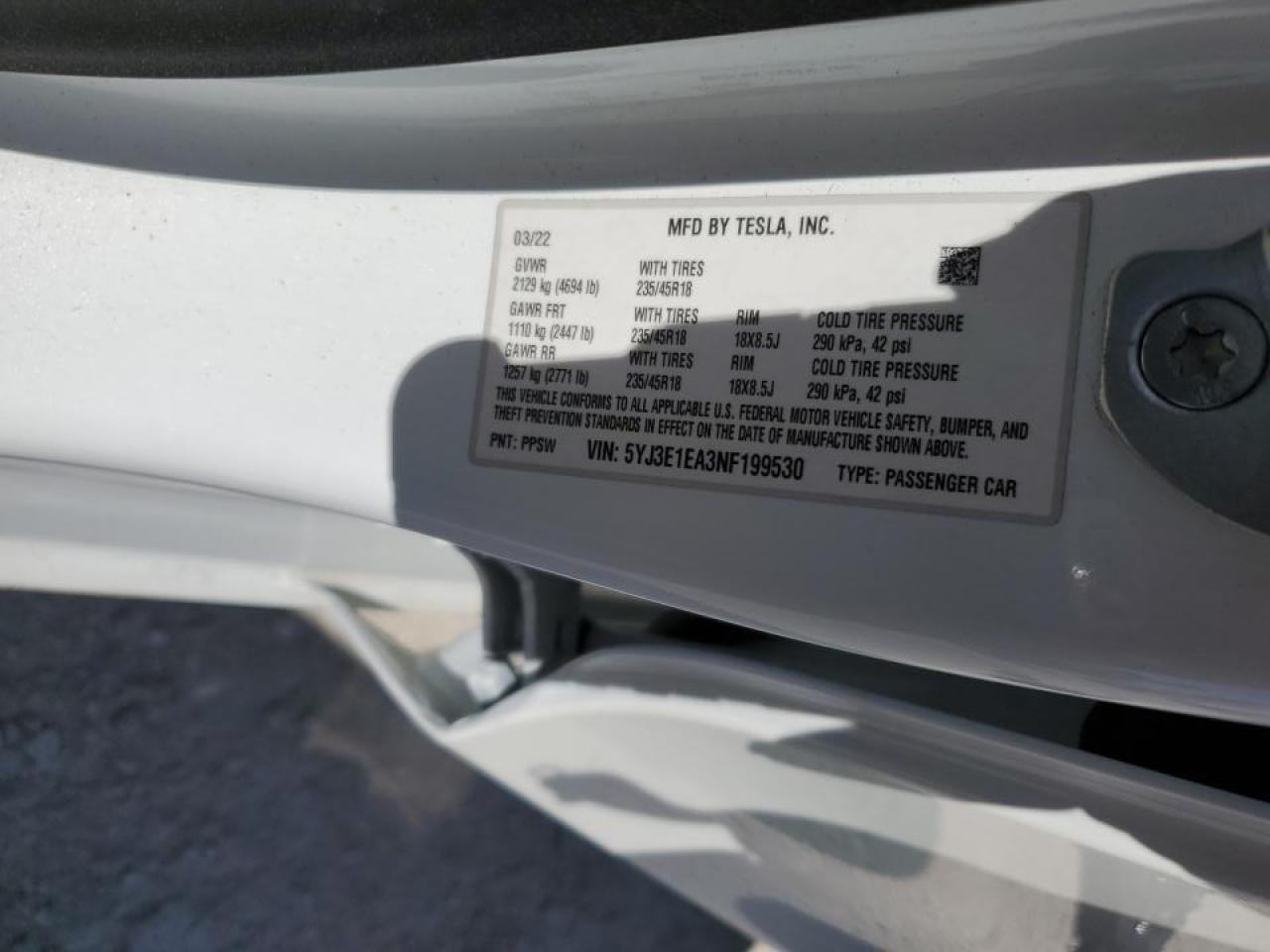 2022 TESLA MODEL 3 VIN:5YJ3E1EA3NF199530