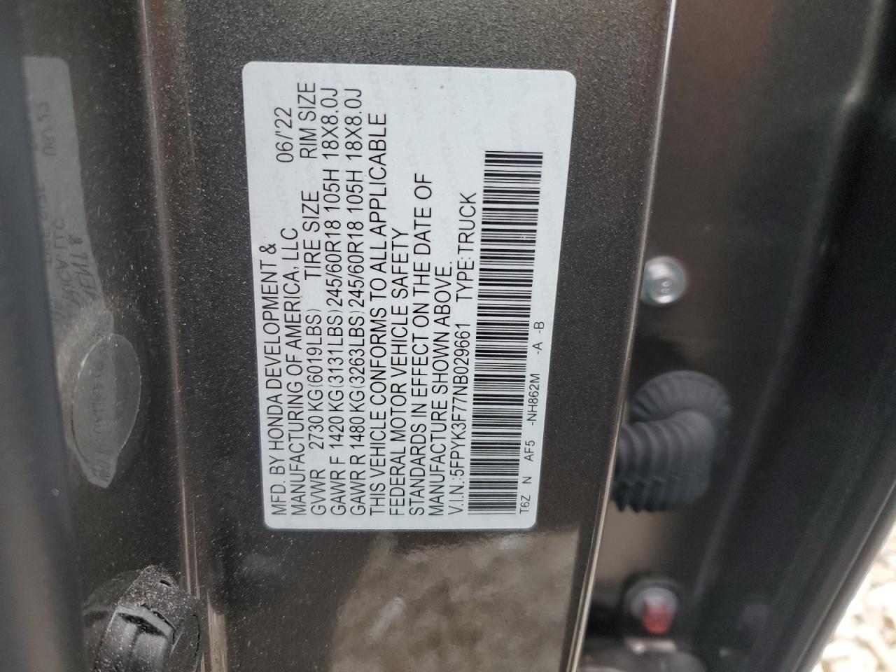 2022 HONDA RIDGELINE RTL VIN:5FPYK3F77NB029661