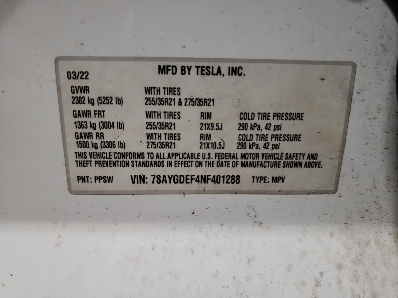 2022 TESLA MODEL Y VIN:7SAYGDEF4NF401288
