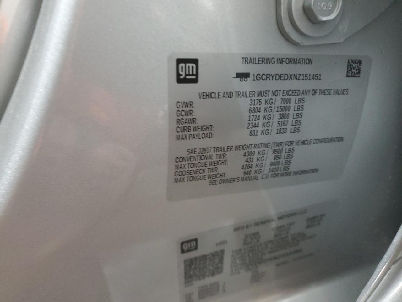 2022 CHEVROLET SILVERADO LTD K1500 LT VIN:1GCRYDEDXNZ151451