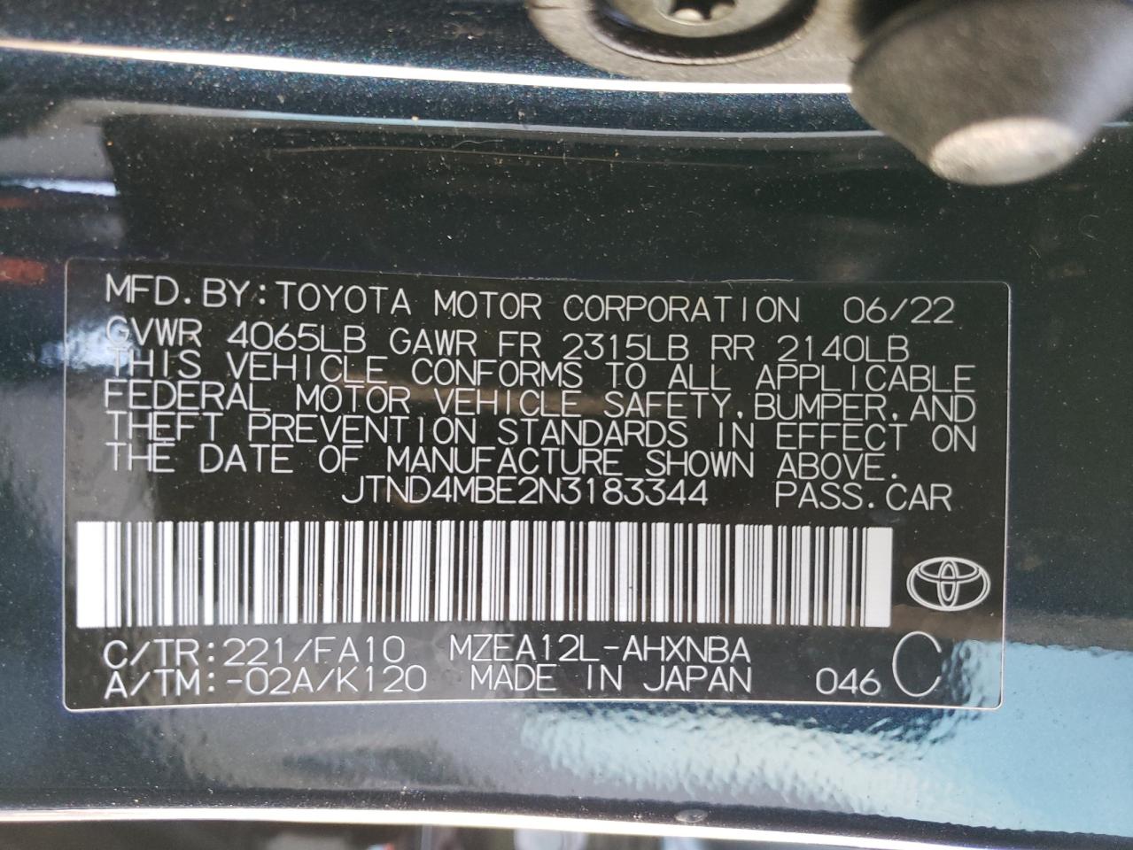 2022 TOYOTA COROLLA SE VIN:JTND4MBE2N3183344