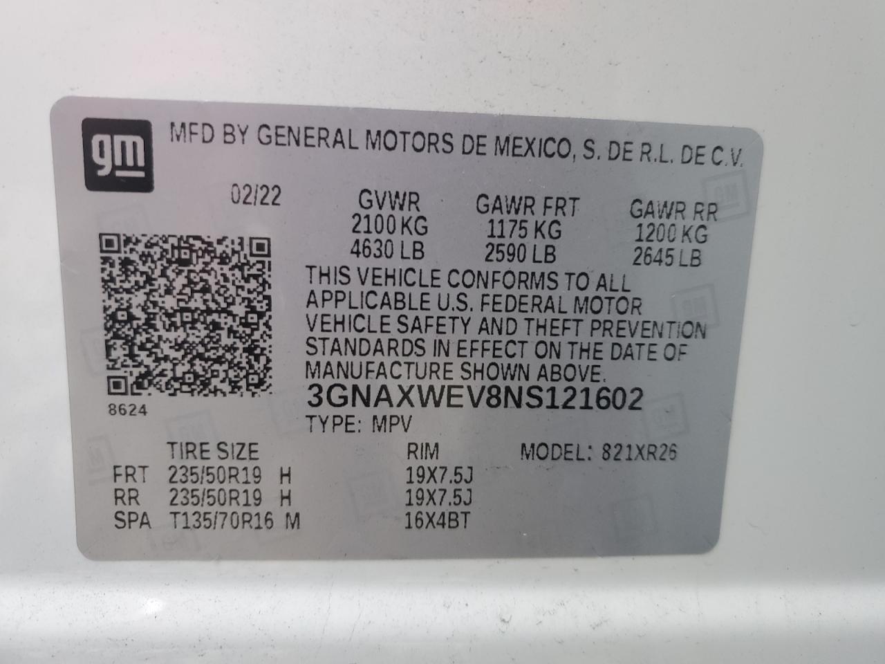 2022 CHEVROLET EQUINOX RS VIN:3GNAXWEV8NS121602