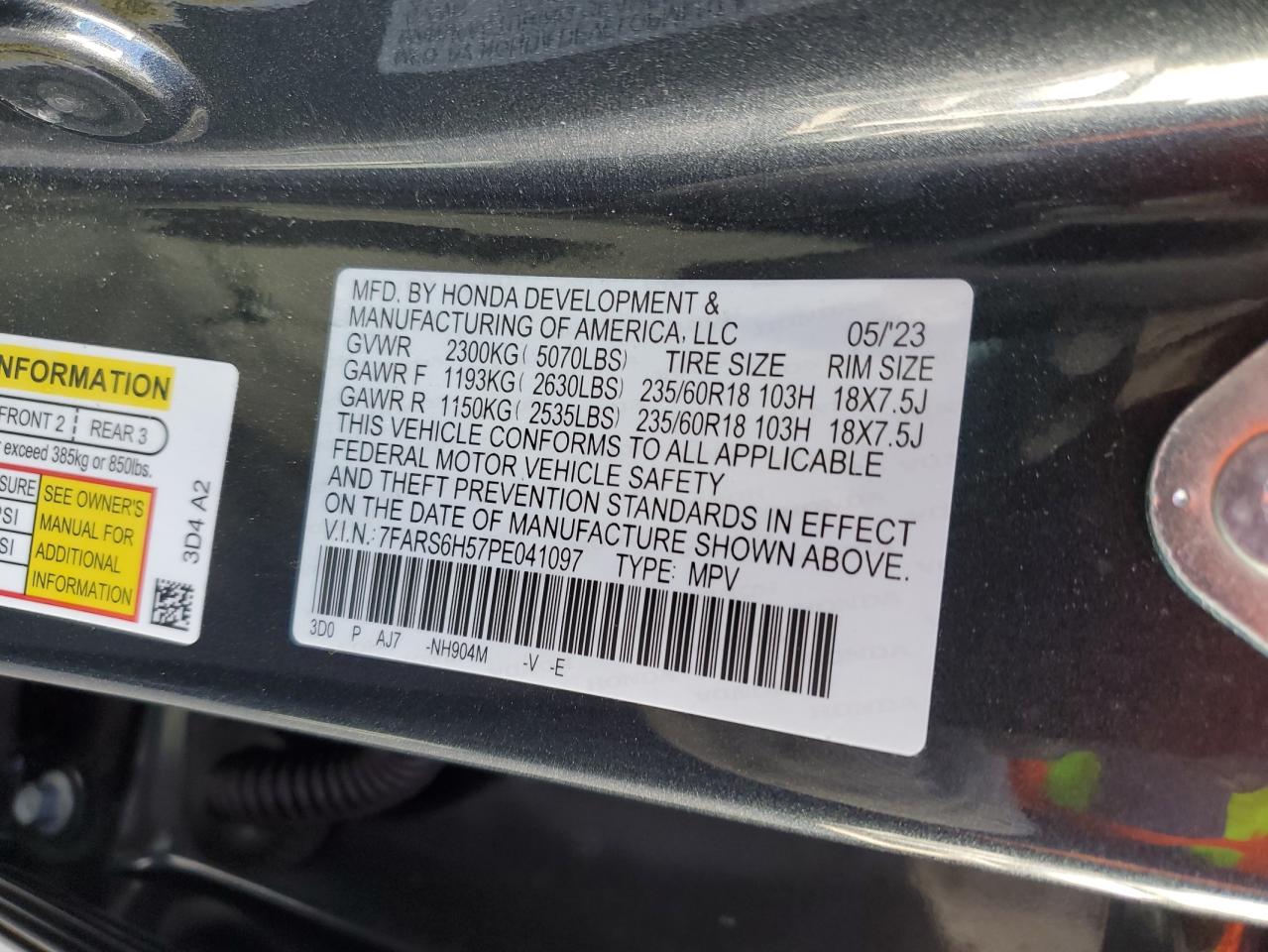 2023 HONDA CR-V SPORT VIN:7FARS6H57PE041097