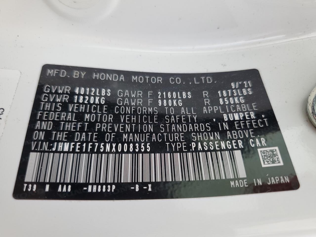 2022 HONDA CIVIC EX VIN:JHMFE1F75NX008355