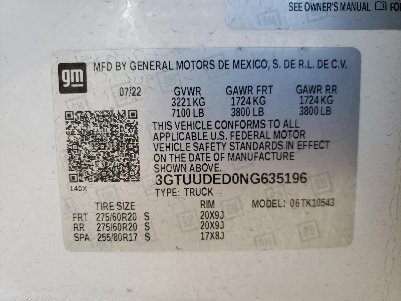 2022 GMC SIERRA K1500 SLT VIN:3GTUUDED0NG635196
