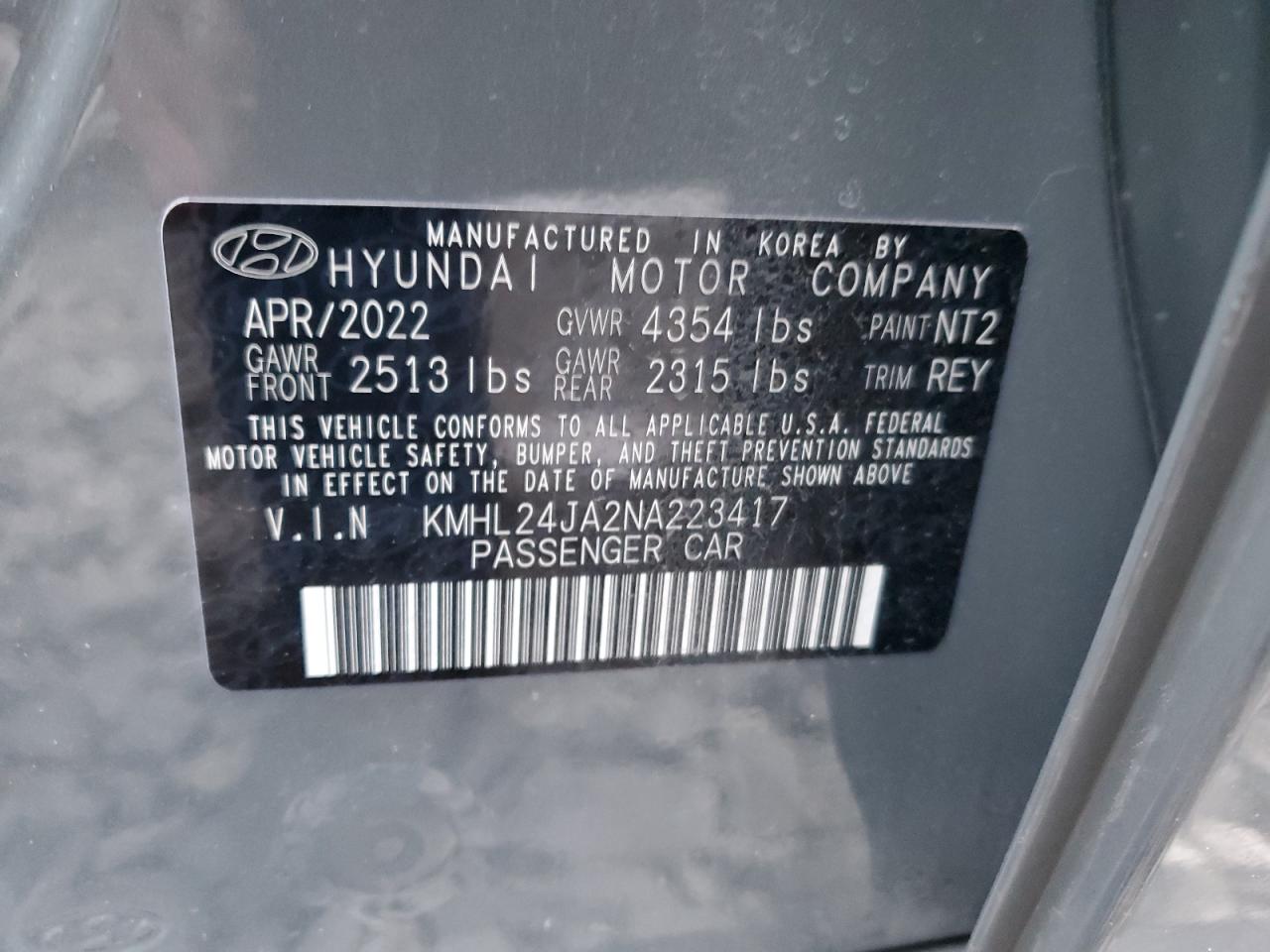 2022 HYUNDAI SONATA SE VIN:KMHL24JA2NA223417