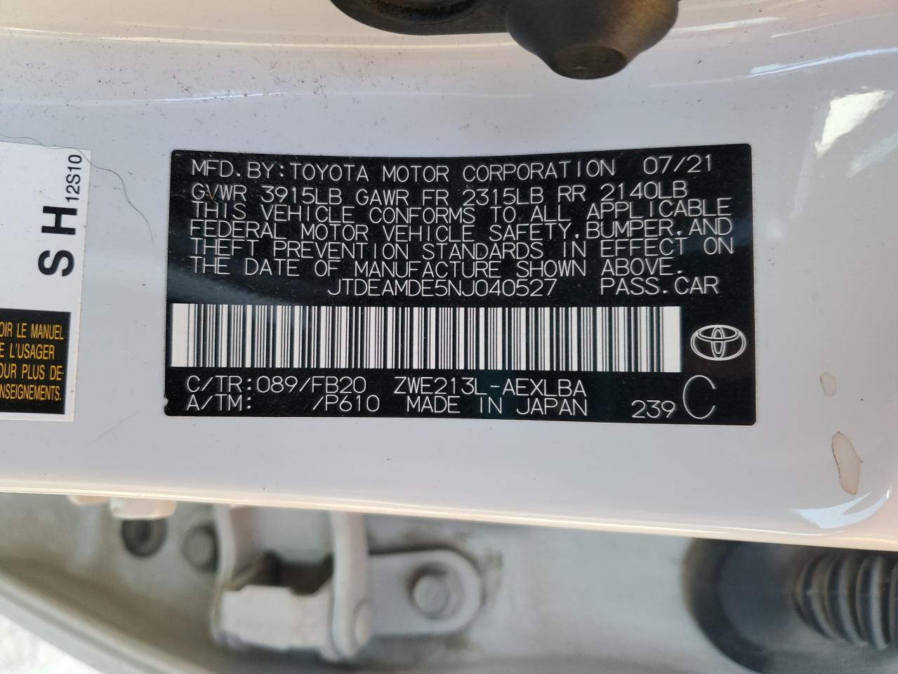 2022 TOYOTA COROLLA LE VIN:JTDEAMDE5NJ040527