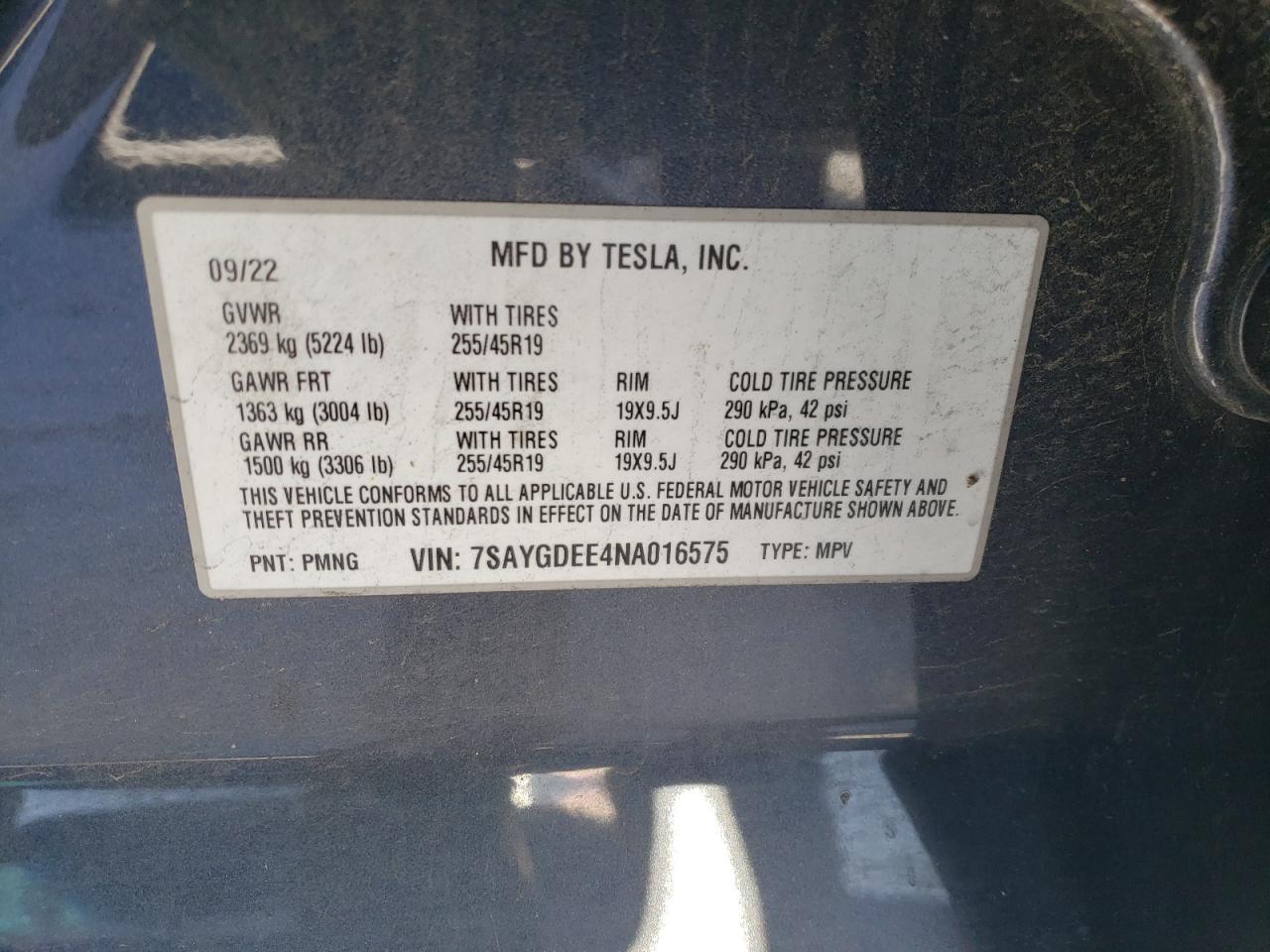 2022 TESLA MODEL Y VIN:7SAYGDEE4NA016575