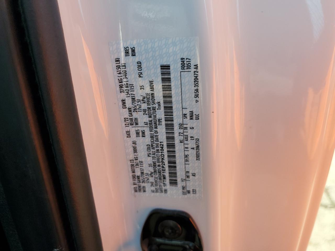 2023 FORD F150 VIN:1FTMF1EP2PKD10421