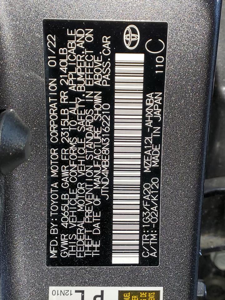 2022 TOYOTA COROLLA SE VIN:JTND4MBE8N3162210