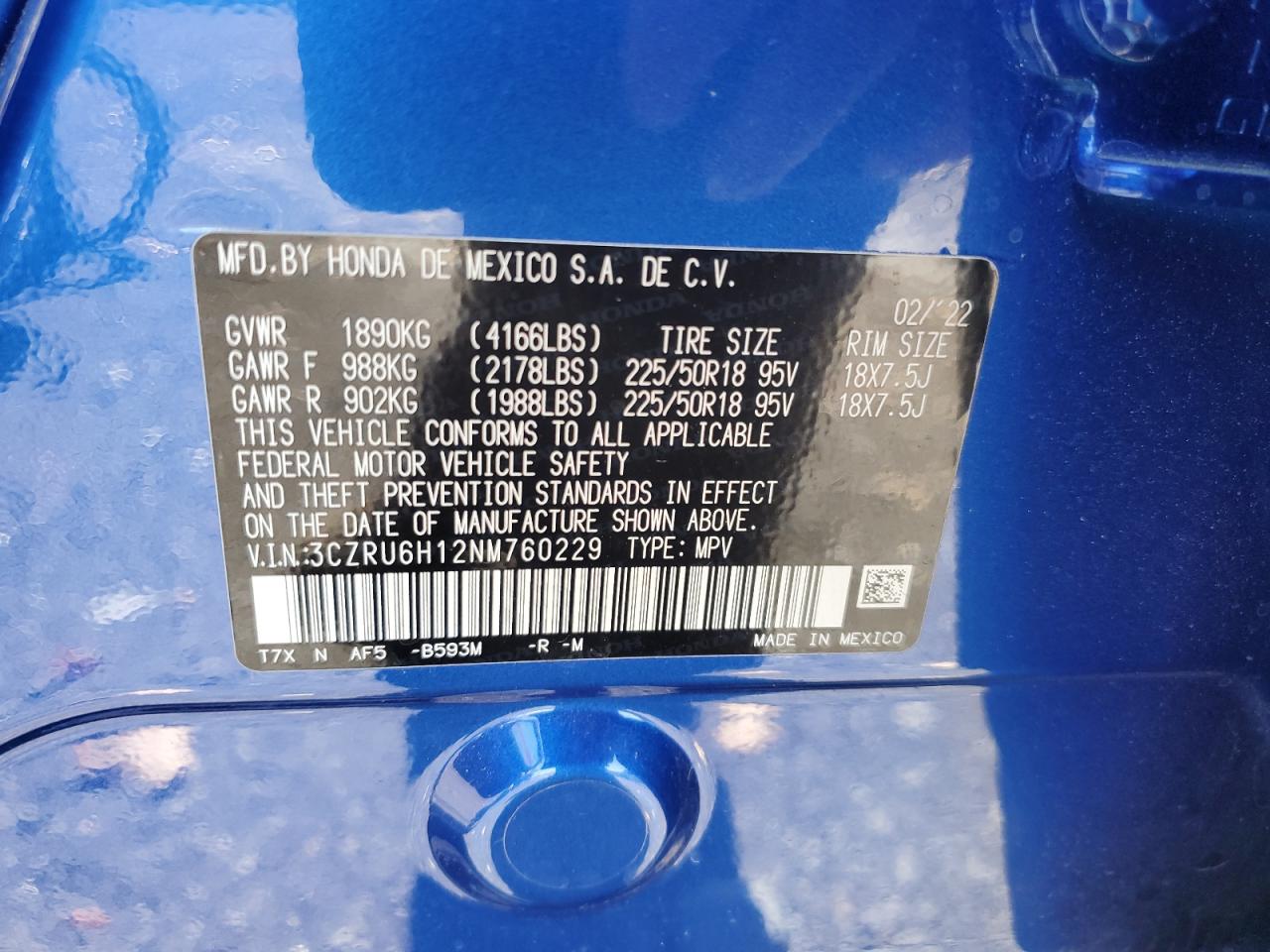 2022 HONDA HR-V SPORT VIN:3CZRU6H12NM760229