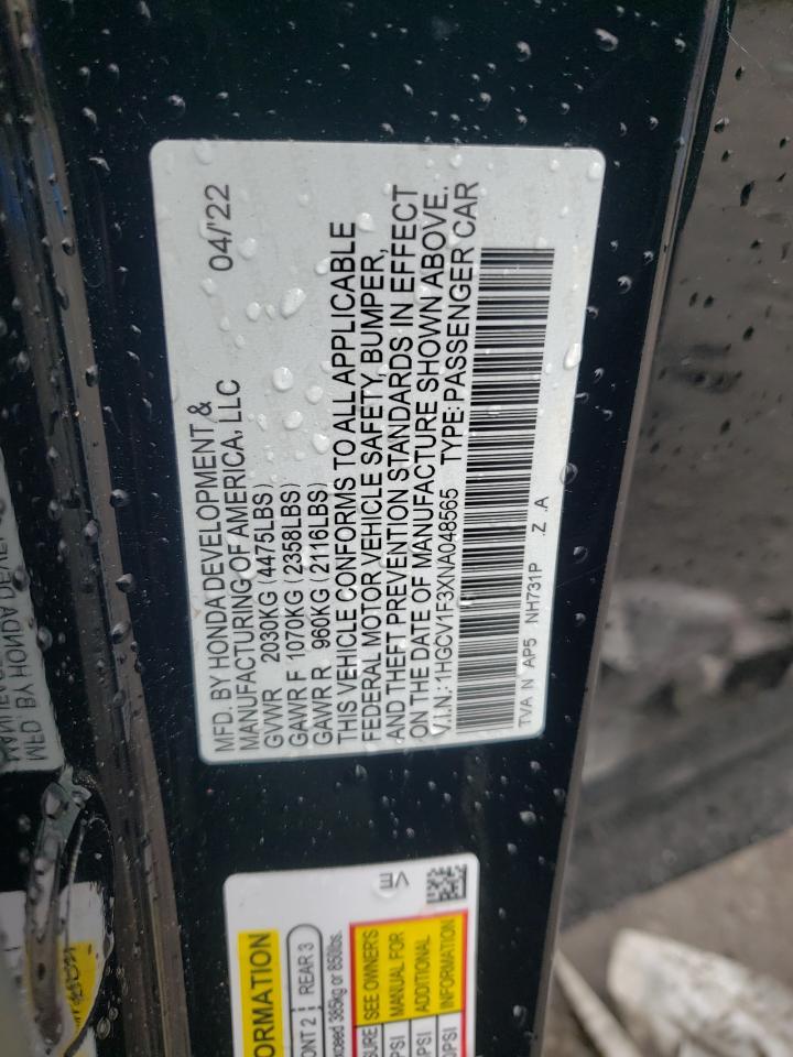 2022 HONDA ACCORD SPORT VIN:1HGCV1F3XNA048565