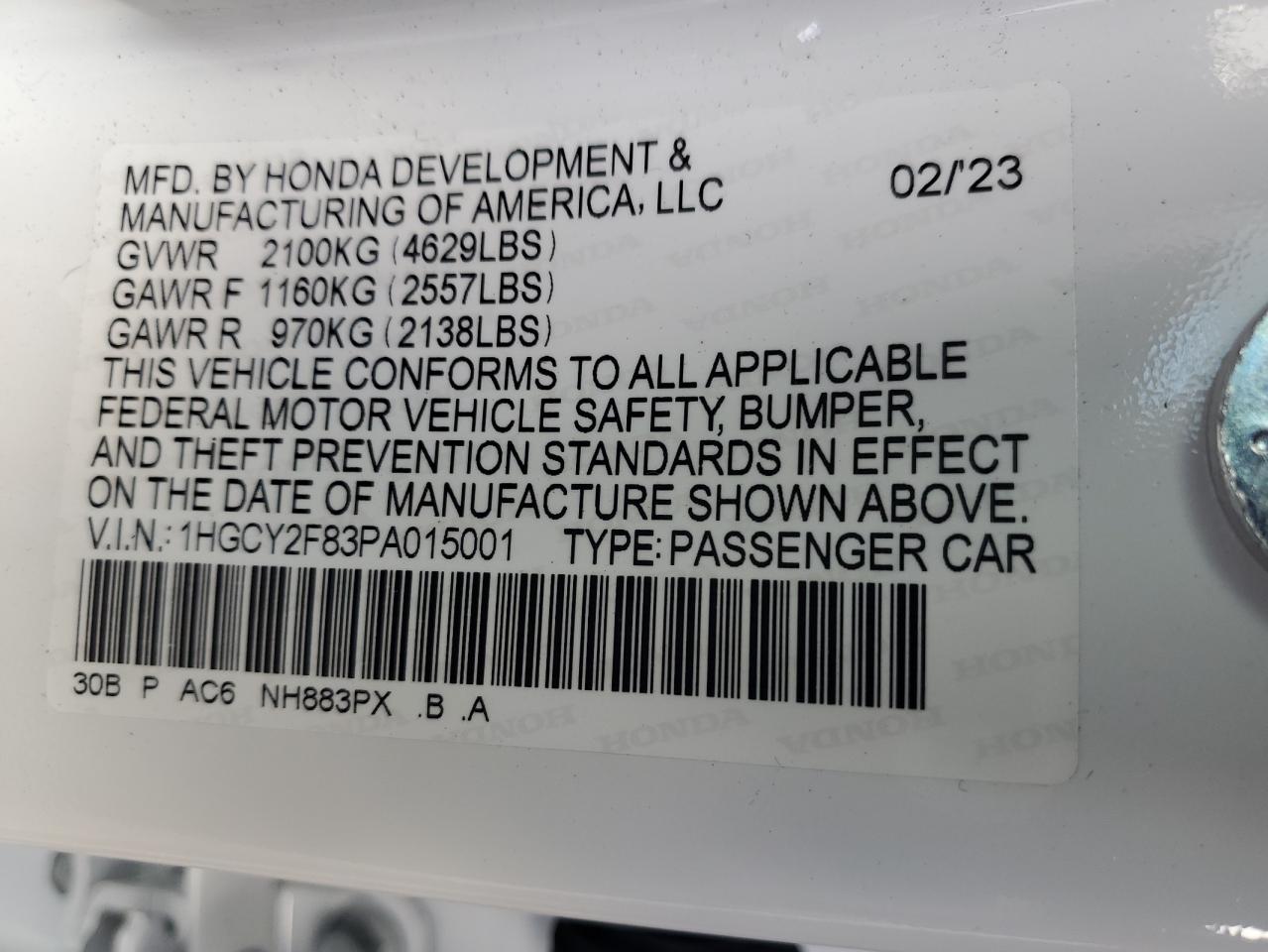 2023 HONDA ACCORD TOURING HYBRID VIN:1HGCY2F83PA015001