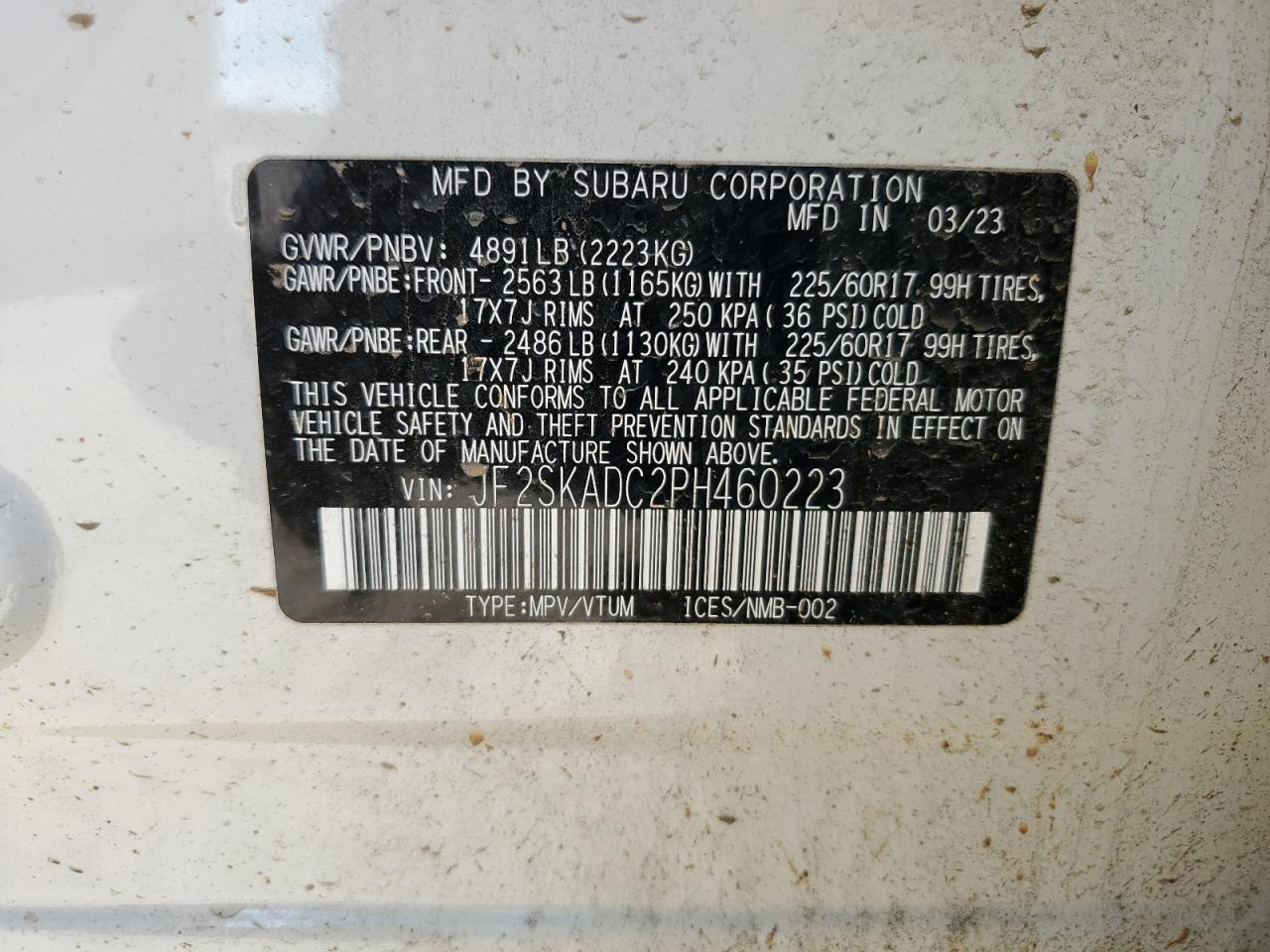 2023 SUBARU FORESTER PREMIUM VIN:JF2SKADC2PH460223