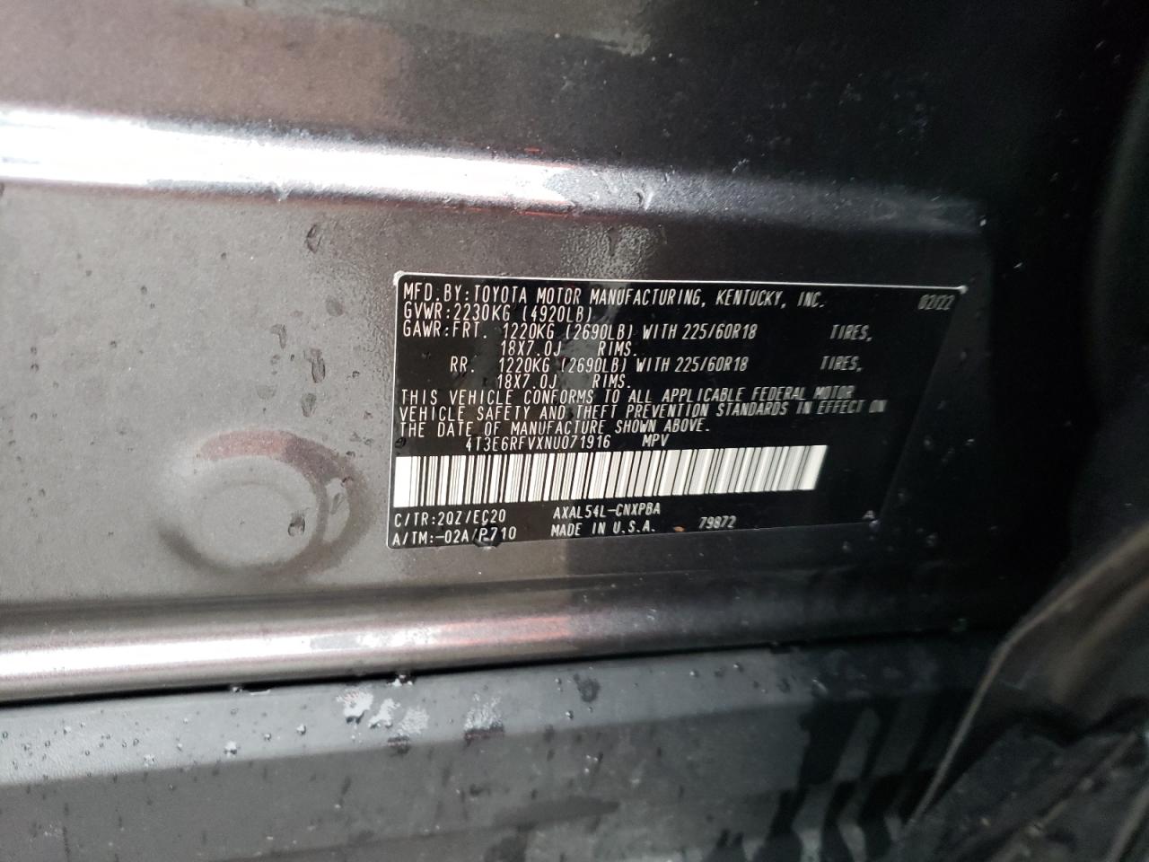 2022 TOYOTA RAV4 XSE VIN:4T3E6RFVXNU071916