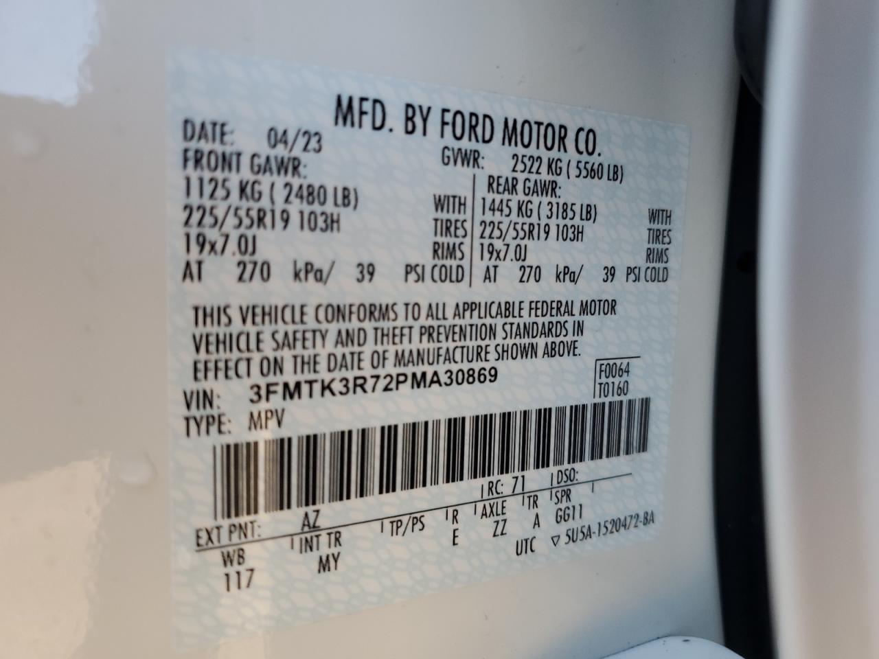 2023 FORD MUSTANG MACH-E PREMIUM VIN:3FMTK3R72PMA30869