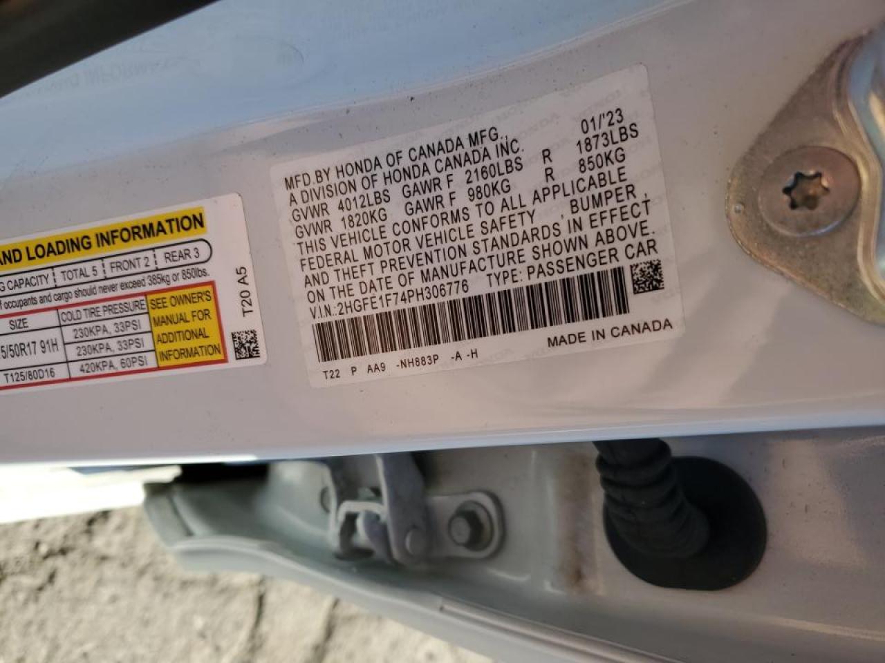 2023 HONDA CIVIC EX VIN:2HGFE1F74PH306776
