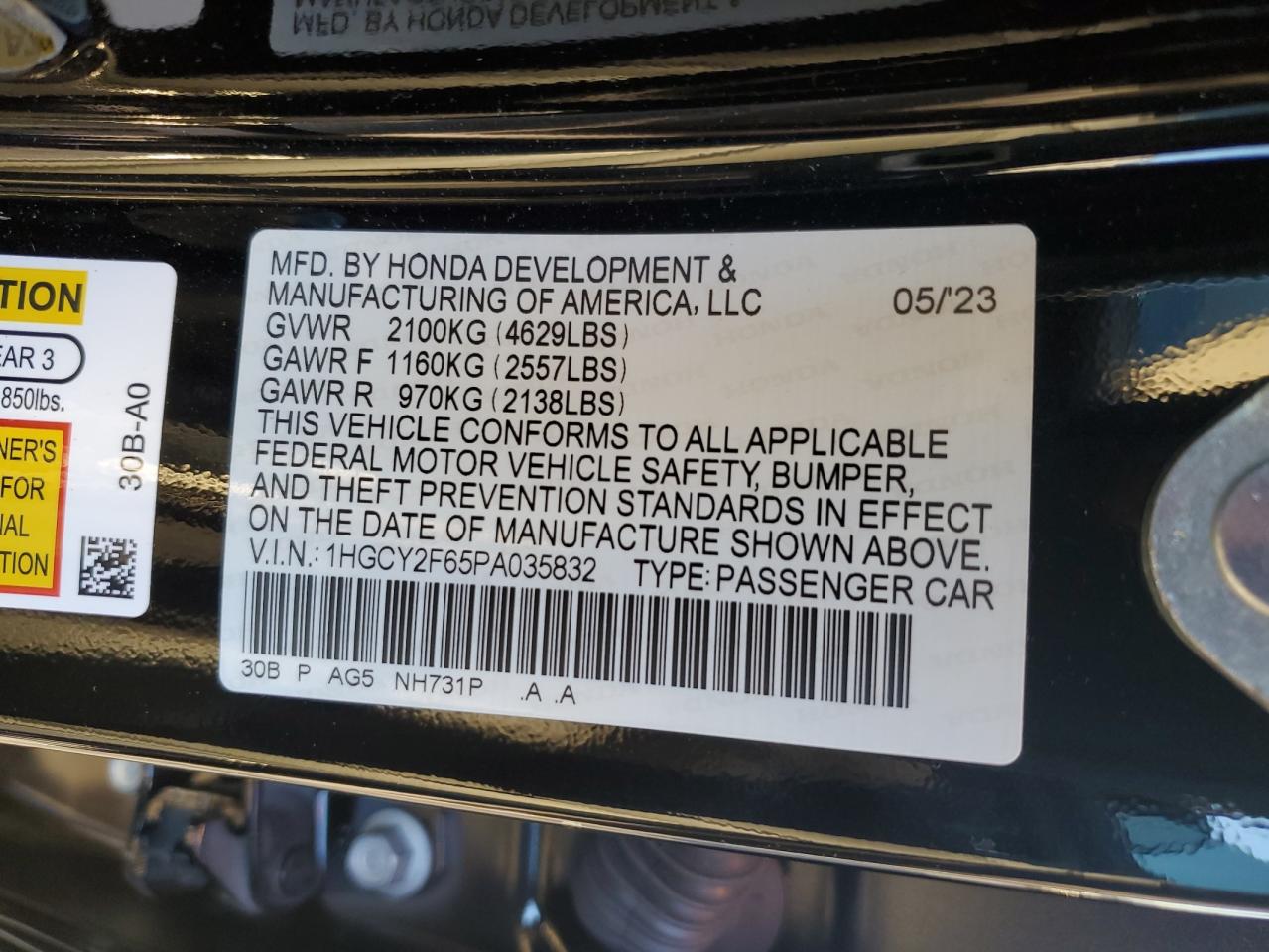 2023 HONDA ACCORD HYBRID EXL VIN:1HGCY2F65PA035832