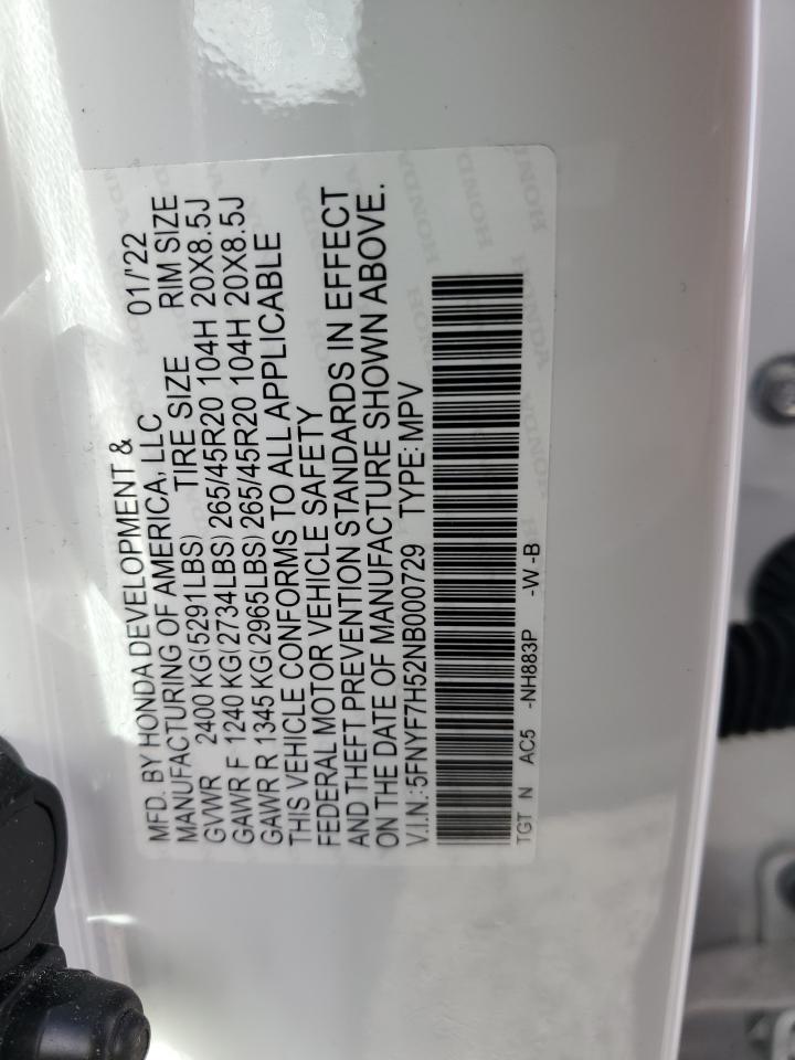 2022 HONDA PASSPORT EXL VIN:5FNYF7H52NB000729
