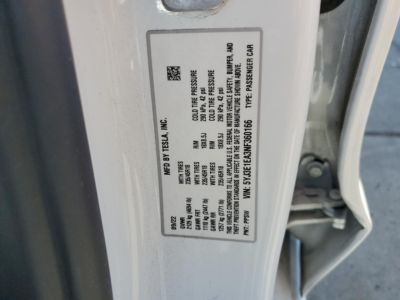 2022 TESLA MODEL 3 VIN:5YJ3E1EA3NF360166