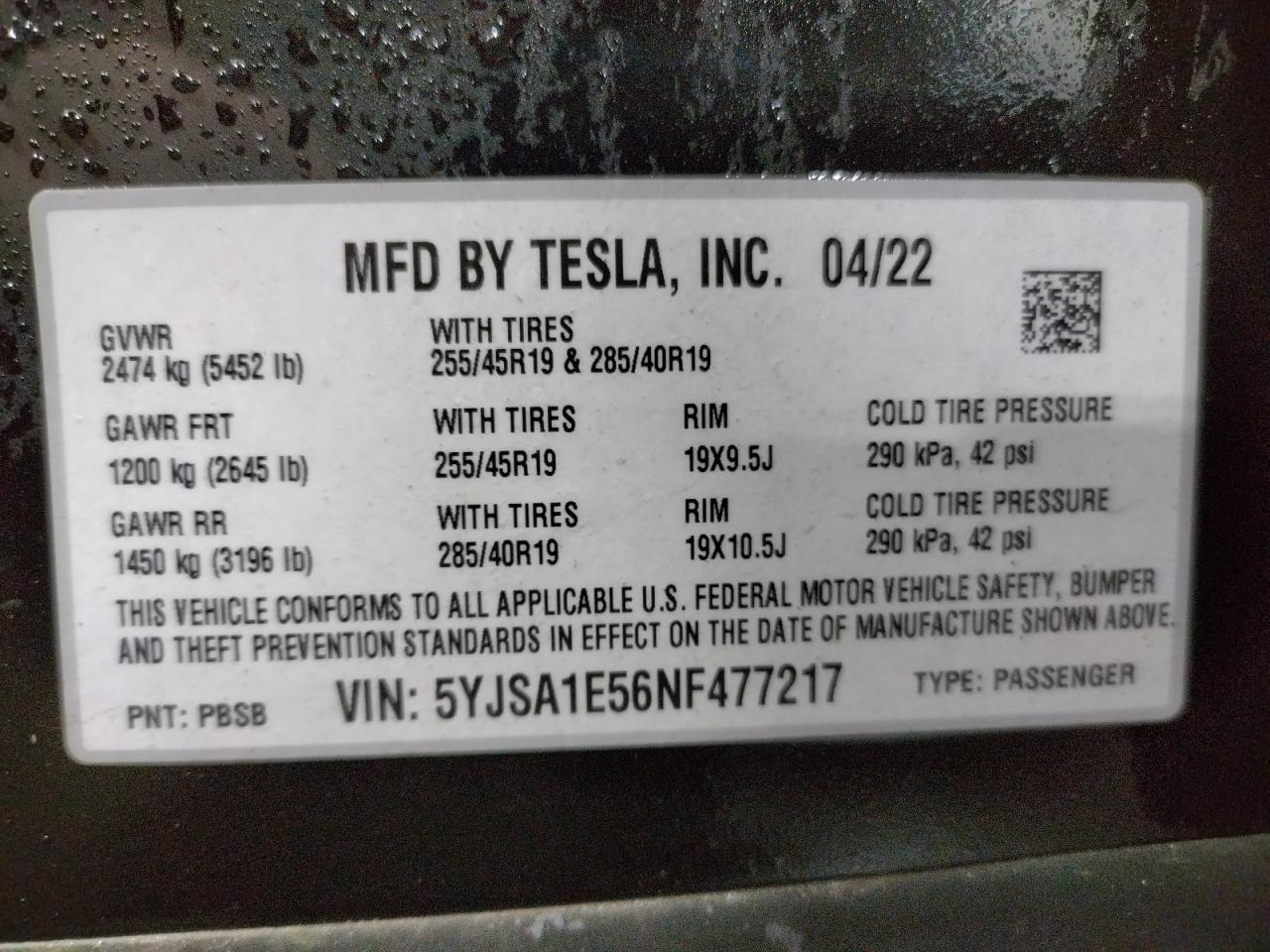 2022 TESLA MODEL S VIN:5YJSA1E56NF477217
