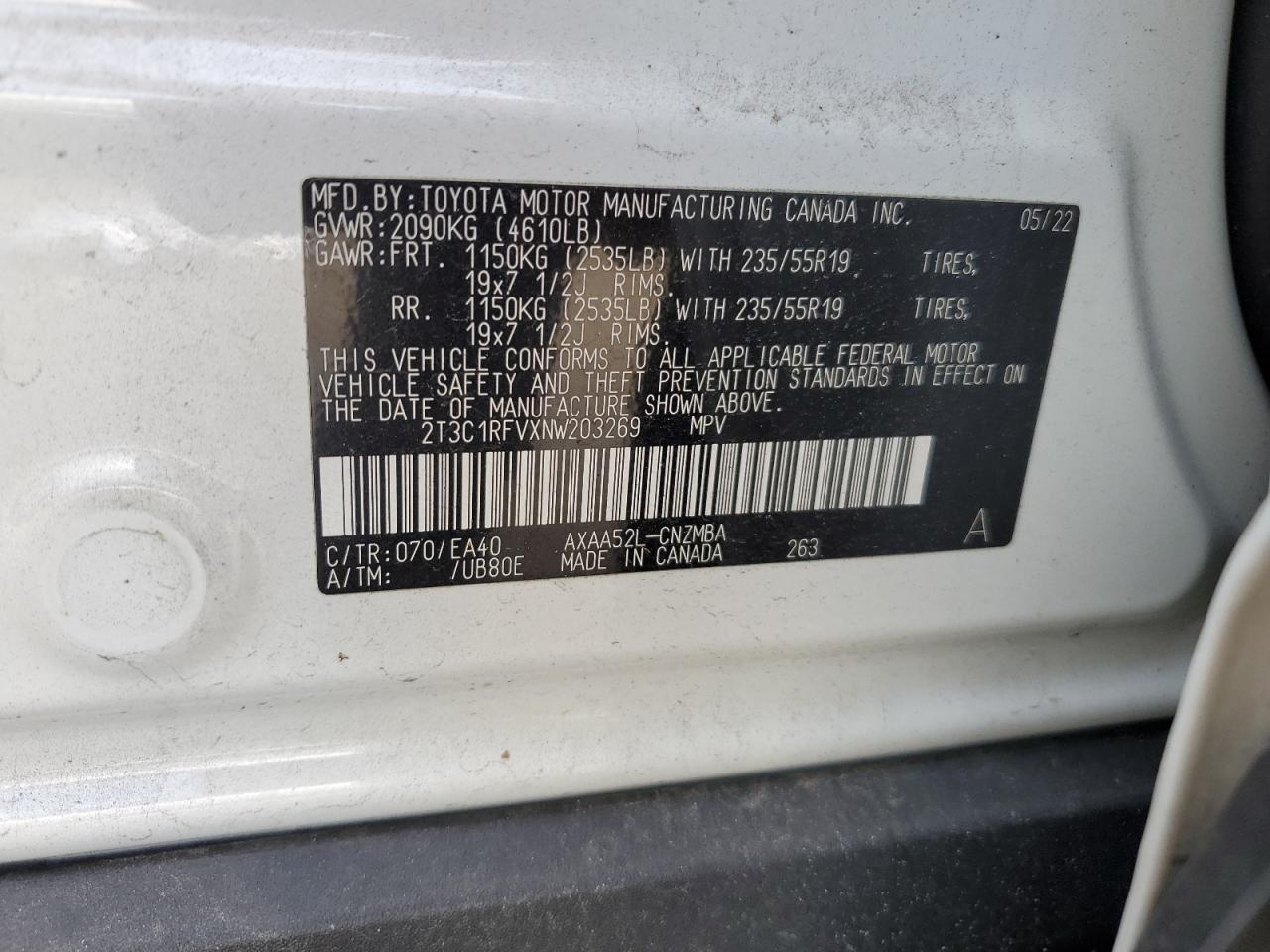 2022 TOYOTA RAV4 XLE PREMIUM VIN:2T3C1RFVXNW203269