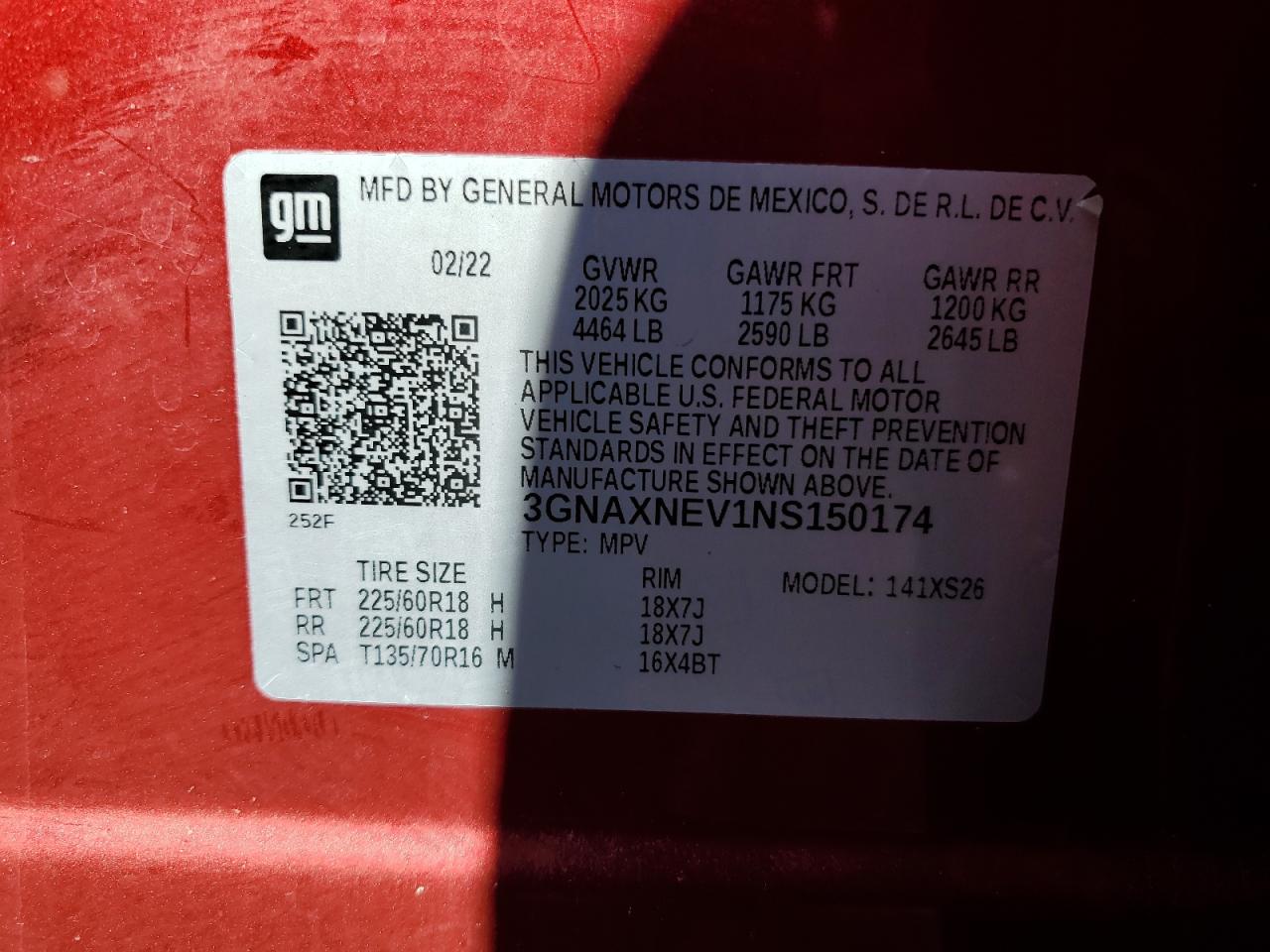 2022 CHEVROLET EQUINOX PREMIER VIN:3GNAXNEV1NS150174