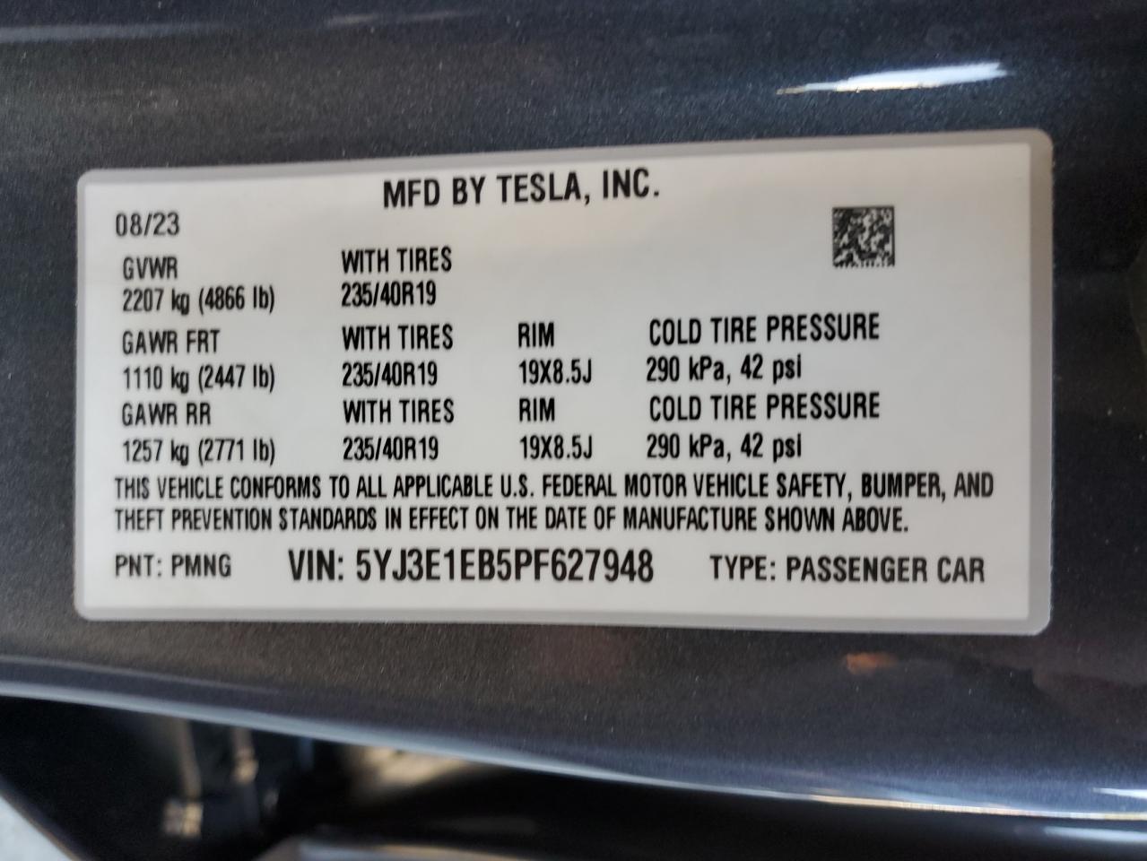 2023 TESLA MODEL 3 VIN:5YJ3E1EB5PF627948