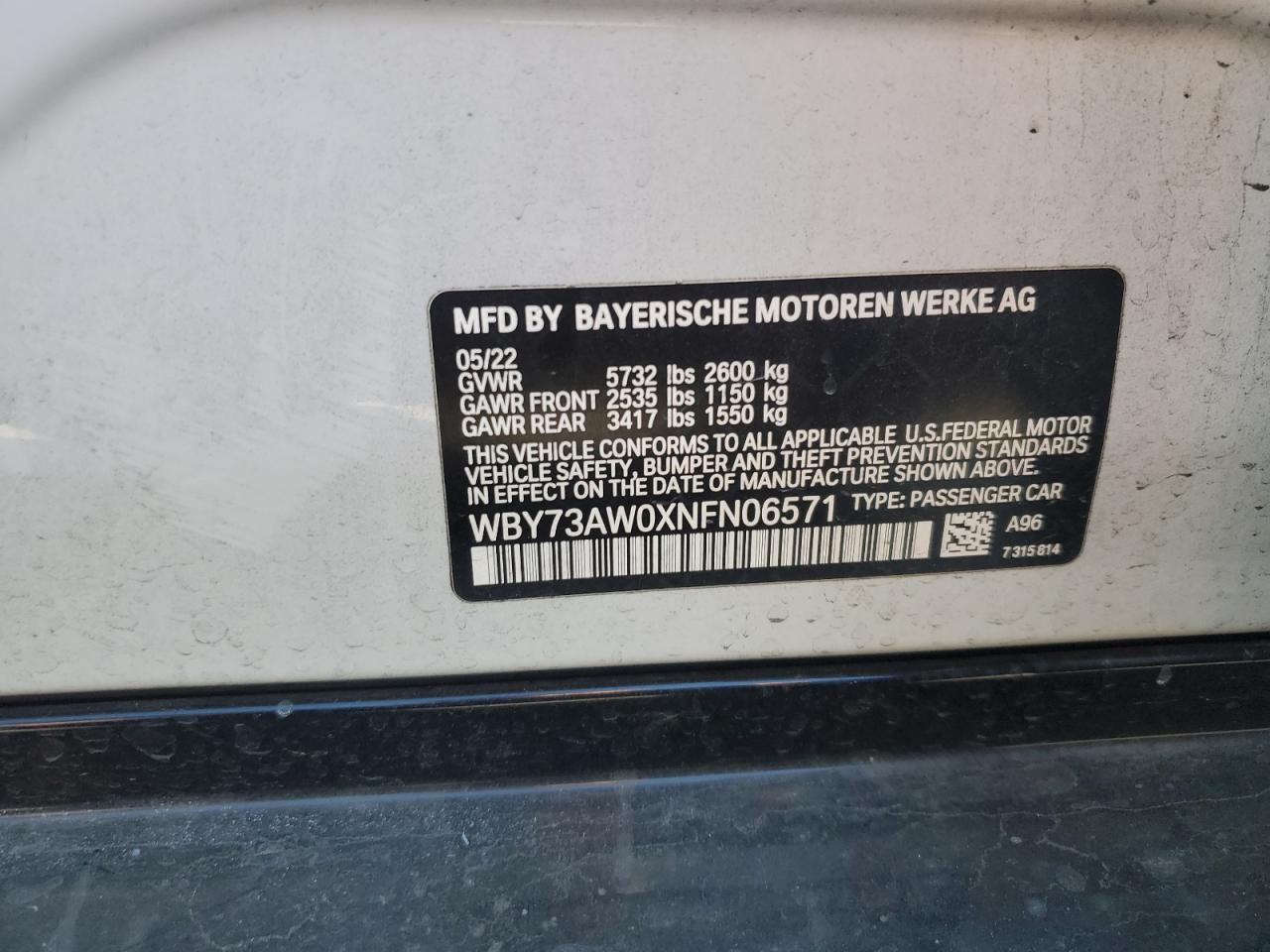 2022 BMW I4 EDRIVE40 VIN:WBY73AW0XNFN06571