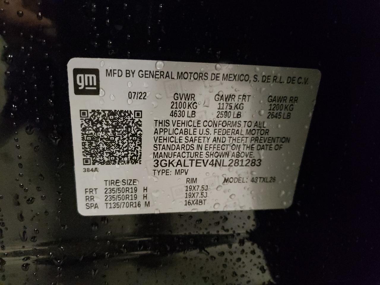 2022 GMC TERRAIN SLE VIN:3GKALTEV4NL281283