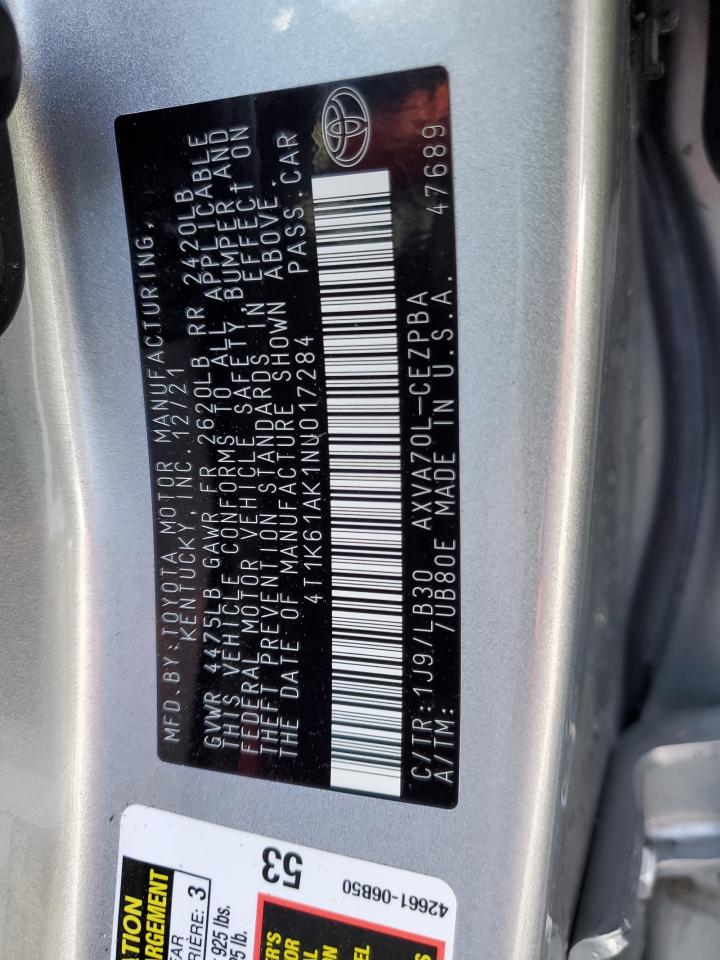 2022 TOYOTA CAMRY XSE VIN:4T1K61AK1NU017284