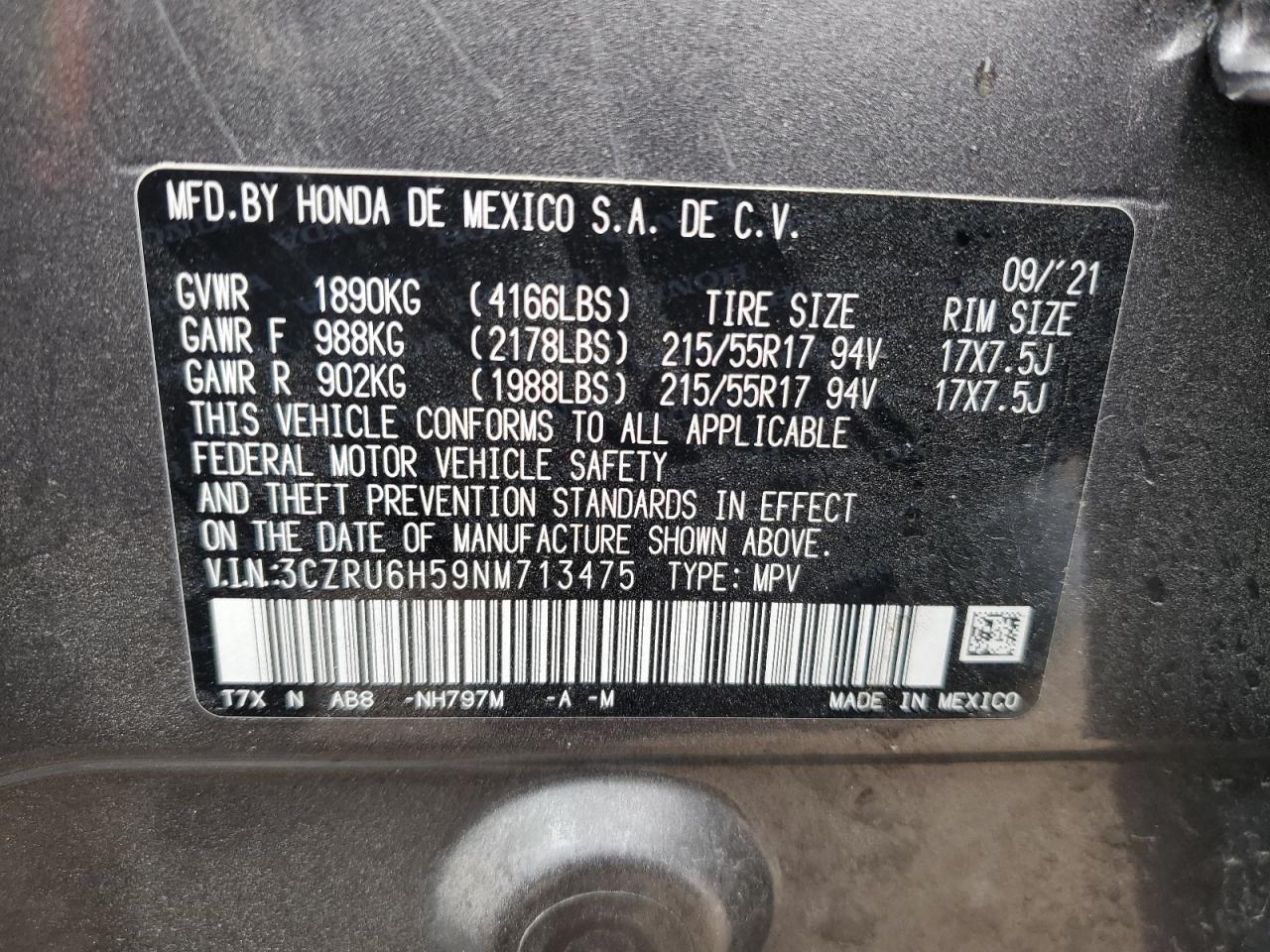 2022 HONDA HR-V EX VIN:3CZRU6H59NM713475