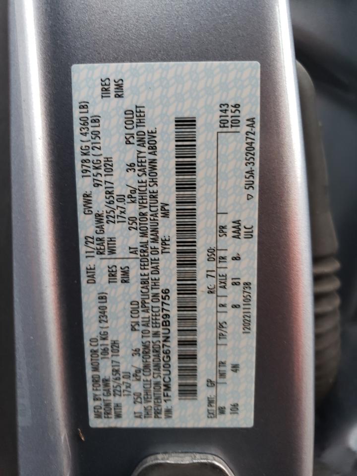 2022 FORD ESCAPE SE VIN:1FMCU0G67NUB97756