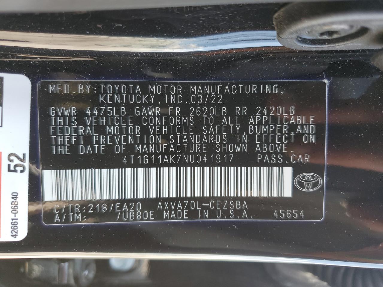 2022 TOYOTA CAMRY SE VIN:4T1G11AK7NU041917