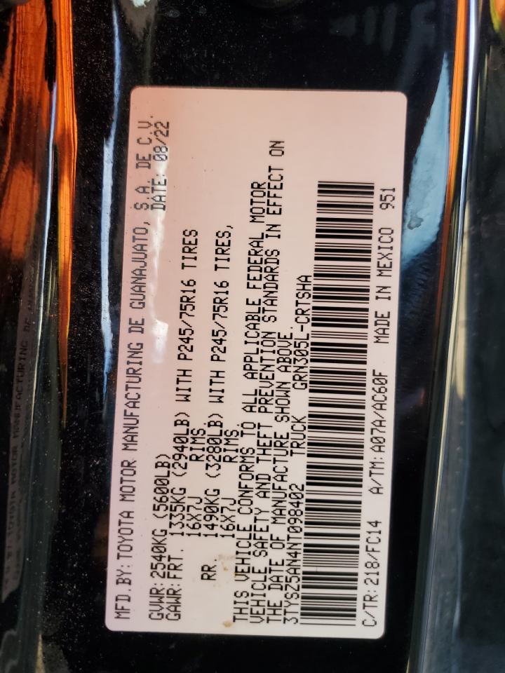2022 TOYOTA TACOMA ACCESS CAB VIN:3TYSZ5AN4NT098402