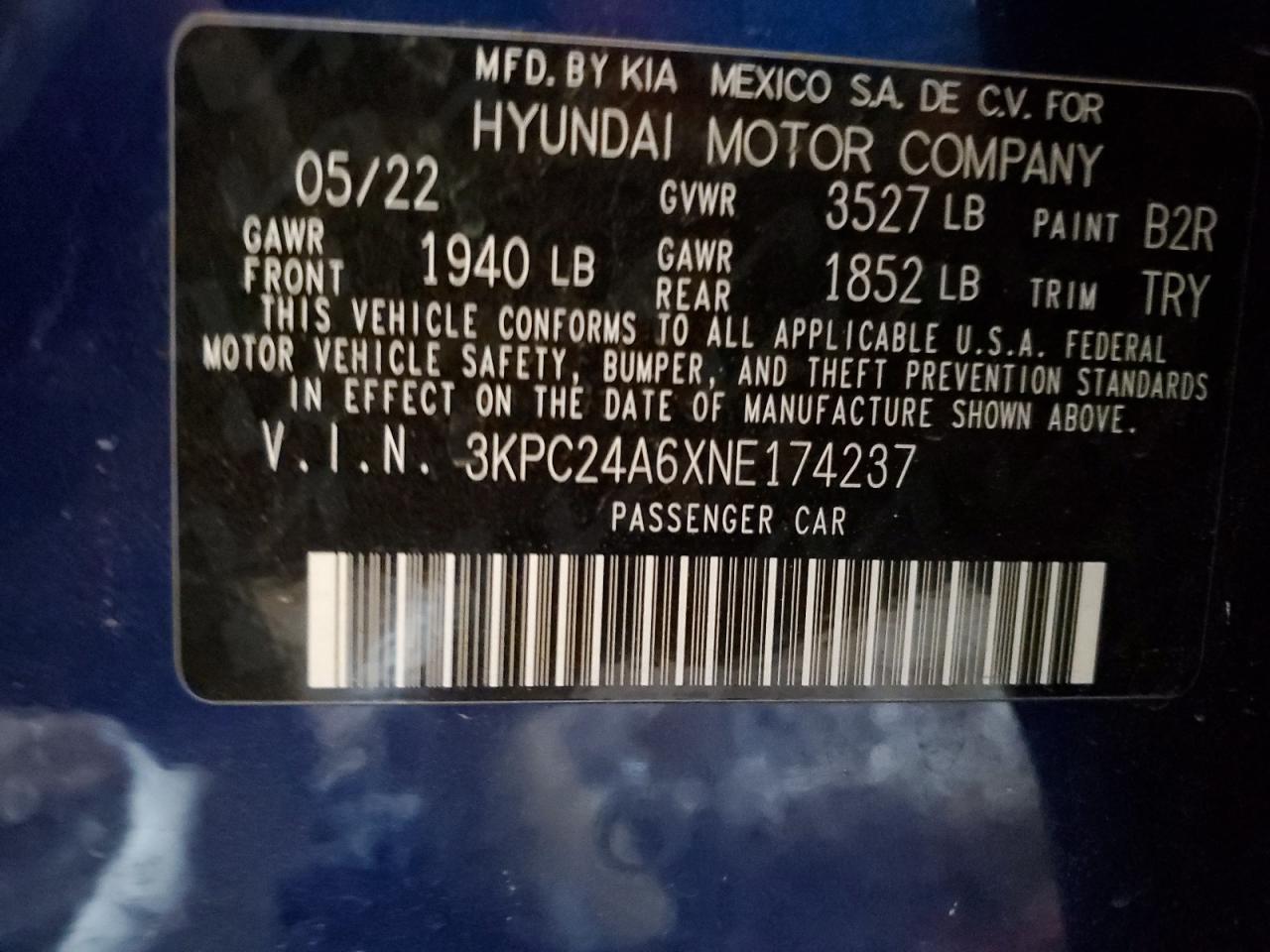 2022 HYUNDAI ACCENT SE VIN:3KPC24A6XNE174237
