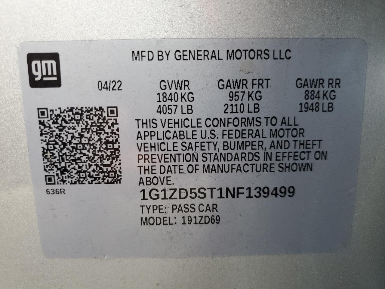 2022 CHEVROLET MALIBU LT VIN:1G1ZD5ST1NF139499