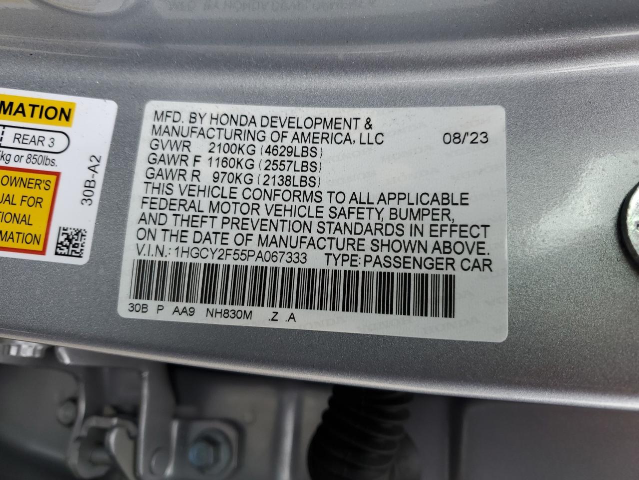 2023 HONDA ACCORD HYBRID SPORT VIN:1HGCY2F55PA067333